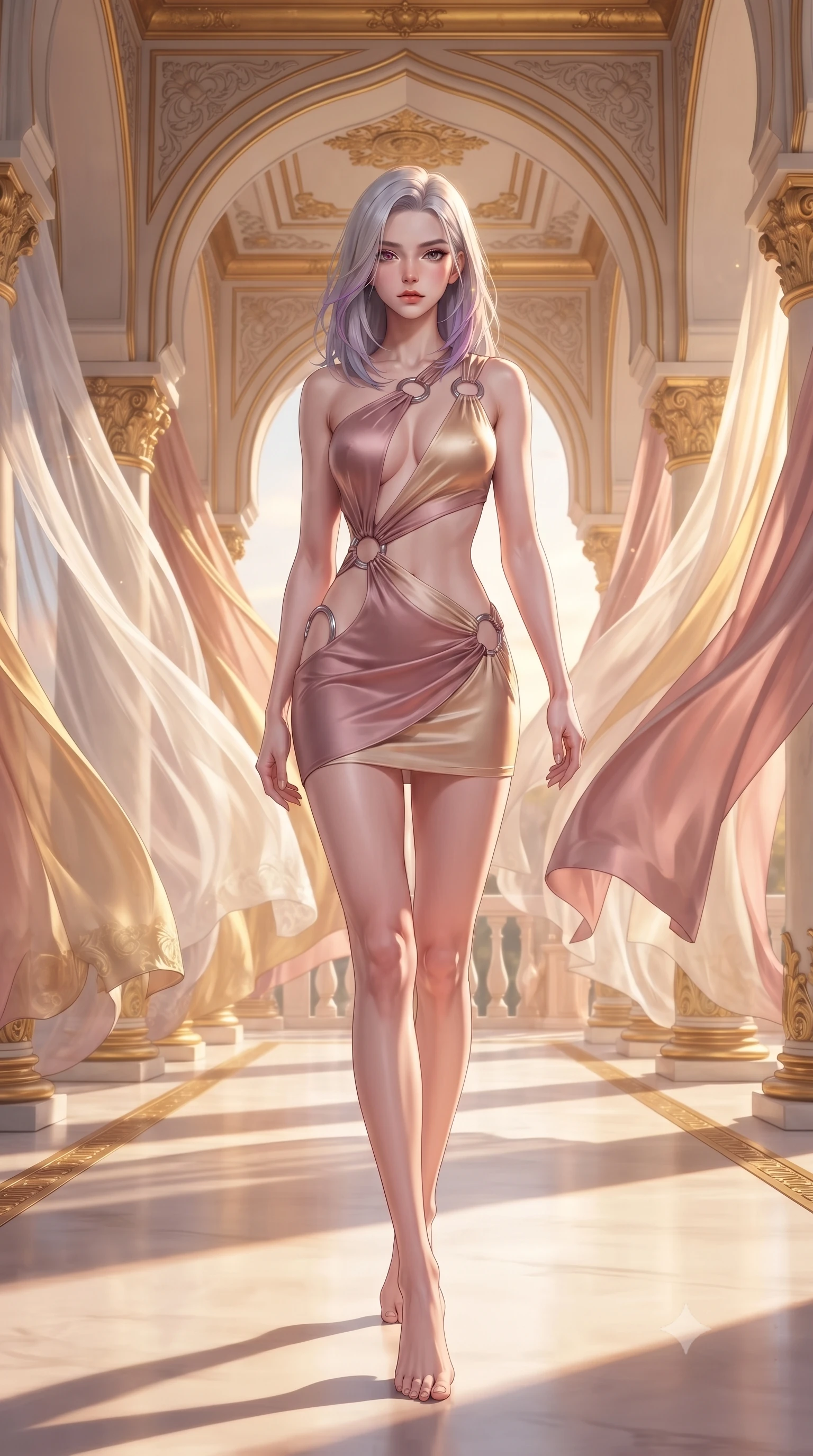 score_9, masterpiece, best quality, ultra-detailed, high-budget anime keyframe, editorial fashion photography, tasteful artistic composition, Caucasian woman. low angle full-body shot from head to toe showing her feet, filling the entire 9:16 vertical frame with her statuesque presence, stretching her vertical silhouette. navigating the luminous space with effortless poise, displaying her perfect model proportions walking through an open-air colonnade with billowing silk gossamer curtains, opulent gold-leaf trim and carved ivory archways framed beautifully. She has an absolutely perfect, statuesque 8.5-heads proportion, an exceptionally tall and slender model-like female figure with impossibly long slender legs and an ultra-slim waist. sharp v-shaped jawline, high-bridge nose, intricate jewel-like eyes with depth, thick eyelashes, glossy lips with a natural sheen. wearing a dramatic open-waist cutout mini dress framed by sculptural hardware in dusty rose and champagne gold, crafted from smooth liquid silk, accented with delicate chrome ring hardware framing her waist, the sleek second-skin texture accentuating her magnetic presence. bathed in glorious golden hour sunbeams and warm rose-gold ambient light. highly saturated vibrant anime colors, detailed shading with soft gradients, rich glossy textures, high-contrast stereoscopic depth, volumetric dynamic lighting, master piece, 9:16 ratio