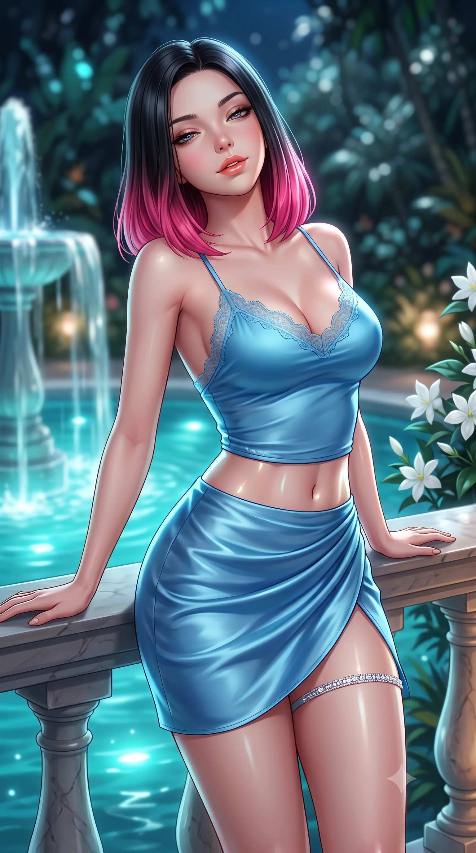 score_9, masterpiece, best quality, ultra-detailed, high-budget anime keyframe, semi-realistic 3D game render, editorial fashion photography, tasteful artistic composition, Korean woman. close-up cowboy shot from the waist and thighs up, the character dominates the composition, filling the frame with her large presence. leaning back against the balustrade with relaxed seductive grace, head tilted back slightly while casting a hypnotic, heavy-lidded gaze while twisting her slender torso in an alluring S-curve, glowing submerged thermal lights and moonbeams tracing her flat midriff and curvy hips. The background shows a soft-focus sacred spring water fountains pouring into the lagoon, exotic night-blooming white jasmine, and dense jungle vegetation blurred into teal, silver, and obsidian bokeh. She has an exceptionally elegant, slender, and willowy female figure with an ultra-slim waist, flat toned midriff, narrow ribcage, and sculpted feminine hips creating an alluring, slim hourglass silhouette without bulk. sharp v-shaped jawline, high-bridge nose, sparkling eyes with hypnotic seductive depth, thick curled eyelashes, glossy parted lips with a natural dewy peach sheen, alluring bedroom-eyes with an enchanting coquettish smile, exuding magnetic siren charisma and sophisticated glamour, flawlessly proportioned anatomical accuracy, strict slender model proportions, natural body alignment, perfectly sculpted long slender limbs, ultra-slim waistline, clean dynamic posture without body distortion. wearing a delicate lace-trimmed silk camisole paired with a draped satin tulip mini skirt with high side slit in Amalfi azure blue and sunlit lemon gold, crafted from fluid liquid silk satin that clings smoothly to every curve with a dewy sheen, finished with delicate crystal-encrusted thigh garter straps glinting in the dim light, the precision-cut side openings and low-back scoop framing her graceful spine and the sensual sweep of her slim, toned hips. bathed in luminous underwater aquamarine spring lighting paired with soft warm garden uplights and full moonlight. highly saturated vibrant anime colors, detailed shading with soft gradients, rich glossy textures, high-contrast stereoscopic depth, volumetric dynamic lighting, master piece, 9:16 ratio