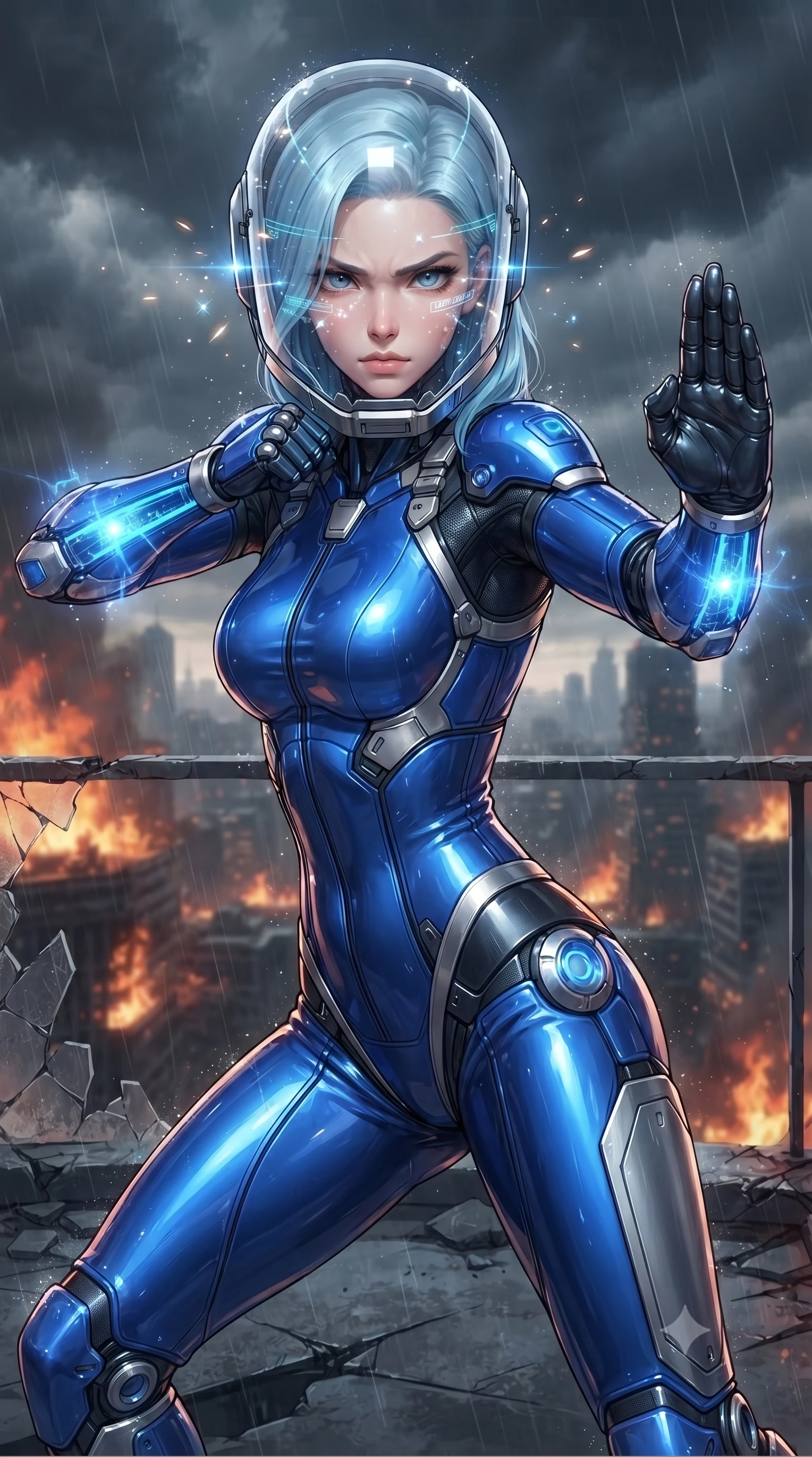 score_9, masterpiece, best quality, ultra-detailed, high-budget anime keyframe, editorial fashion photography, tasteful artistic composition, Korean woman. close-up cowboy shot from the waist and thighs up, the character dominates the composition, filling the frame with her large presence. twisting her upper body in a dynamic S-curve martial arts stance, cybernetic elbow dampers glowing with blue energy as she aims a focused palm strike while standing poised on the cracked edge of a shattered skyscraper balcony overlooking a burning dystopian megacity under dark storm clouds. The composition keeps background elements in soft focus with creamy bokeh. sparkling rain streaks and HUD visor holographic glints scattering light motes across a ruined backdrop. She has an exceptionally elegant, slender, and willowy female figure with an ultra-slim waist, a gracefully sculpted slender torso, toned flat midriff, and a refined slim silhouette. sharp v-shaped jawline, high-bridge nose, intricate jewel-like eyes with depth, thick eyelashes, glossy lips with a natural sheen, fierce and resolute heroine expression, flawlessly proportioned anatomical accuracy, strict slender model proportions, natural body alignment, perfectly sculpted long slender limbs, ultra-slim waistline, clean dynamic posture without body distortion. wearing a crystal-clear transparent armored riot-visor helmet showing her entire beautiful face and determined expression with pristine clarity, paired with an ultra-sleek high-gloss carbon-composite exoskeleton suit featuring kinetic shock-absorbing shin guards and flexible limb articulation joints in electric cobalt blue carbon with brushed platinum tactical trim, made of lightweight aerodynamic carbon-titanium alloy with precision-beveled armor seams, detailed with kinetic shock-dampening knuckle guards and polished chrome connection joints, the liquid-tight tailored fabric emphasizing every curve of her tall, slender model proportions and sculptured silhouette during dynamic movement. surrounded by a majestic, solemn, and fiercely determined lone dystopian savior aura. ultra-reflective glossy finish, specular highlights, dark metallic sheen, high-contrast stereoscopic depth, volumetric dynamic lighting, 2k, ultra detail, master piece, 9:16 ratio