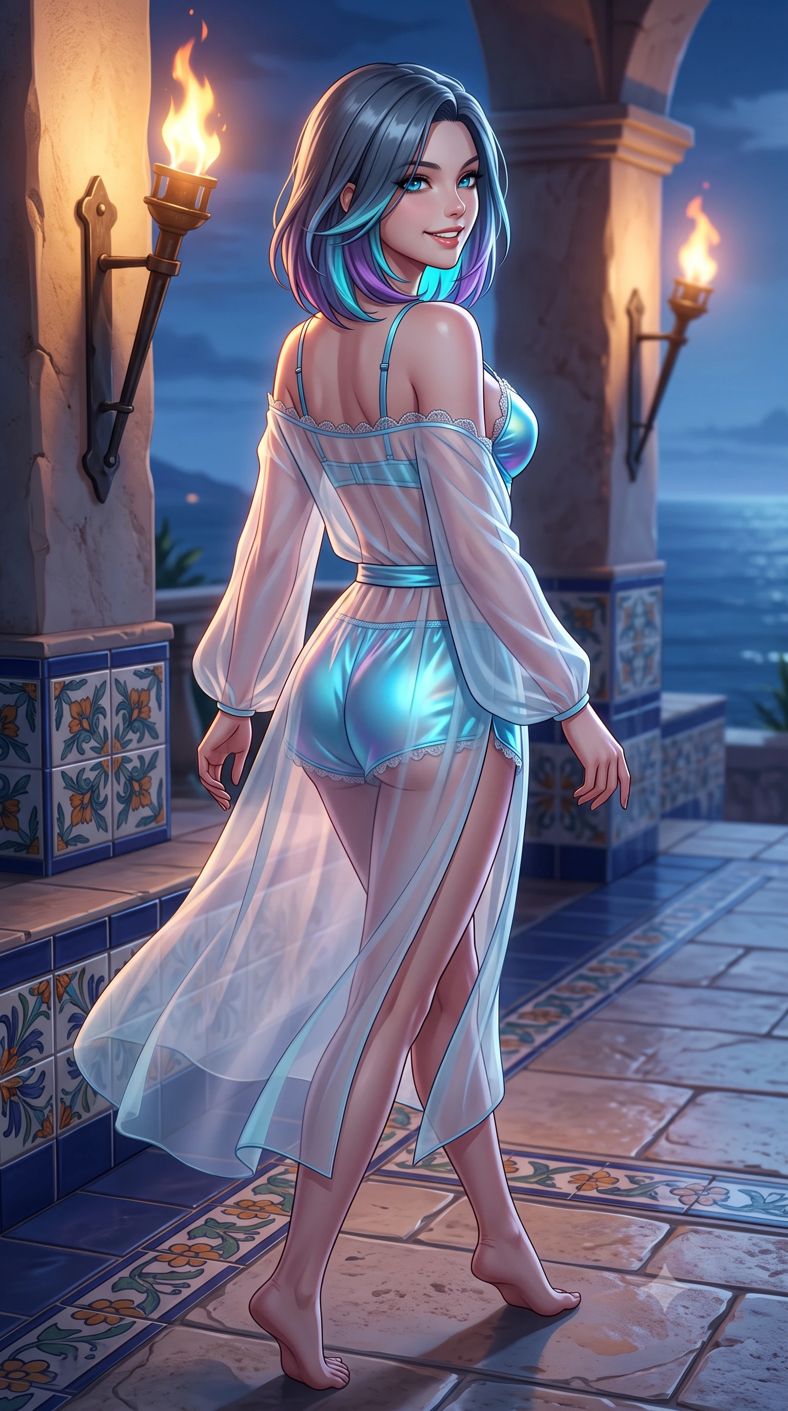 score_9, masterpiece, best quality, ultra-detailed, high-budget anime keyframe, semi-realistic 3D game render, editorial fashion photography, tasteful artistic composition, Caucasian woman. close-up cowboy shot from the waist and thighs up, the character dominates the composition, filling the frame with her large presence. posing in an alluring rear three-quarter angle, looking over a bare shoulder with parted glossy lips, her hips cocked back to highlight her slim hourglass curve while walking slowly along the tiled terrace with tall model strides, evening sea breezes molding her sheer gown to her slender legs. The surrounding environment is rendered in vivid detail and crisp panoramic clarity: sharp glazed ceramic tile Mediterranean floral motifs, hand-forged torch brackets, and limestone paving relief in deep focus. She has an exceptionally elegant, slender, and willowy female figure with an ultra-slim waist, flat toned midriff, narrow ribcage, and sculpted feminine hips creating an alluring, slim hourglass silhouette without bulk. sharp v-shaped jawline, high-bridge nose, intricate jewel-like sparkling eyes with depth, thick eyelashes, glossy parted lips with a natural peach sheen, bright cheerful beaming smile with an enchanting and coquettish sensual glint, exuding both youthful cute charm and seductive allure, flawlessly proportioned anatomical accuracy, strict slender model proportions, natural body alignment, perfectly sculpted long slender limbs, ultra-slim waistline, clean dynamic posture without body distortion. wearing a delicate translucent silk chiffon wrap robe slipping off bare shoulders over a strappy underwire bralette and micro-shorts in Neo-Carthage holographic cyan and solar chrome, crafted from fluid liquid silk satin that clings smoothly to her narrow waist and rounded hips with a dewy sheen, finished with scalloped eyelash lace trim framing her sweetheart neckline with intimate elegance, the form-contouring silhouette accentuating her sculpted flat midriff, narrow delicate ribcage, and gracefully curvy hips with intoxicating allure. bathed in the dramatic warm 2100K flame glow of dancing oil torches mixed with cool Mediterranean sea moonlight. highly saturated vibrant anime colors, detailed shading with soft gradients, rich glossy textures, high-contrast stereoscopic depth, volumetric dynamic lighting, master piece, 9:16 ratio