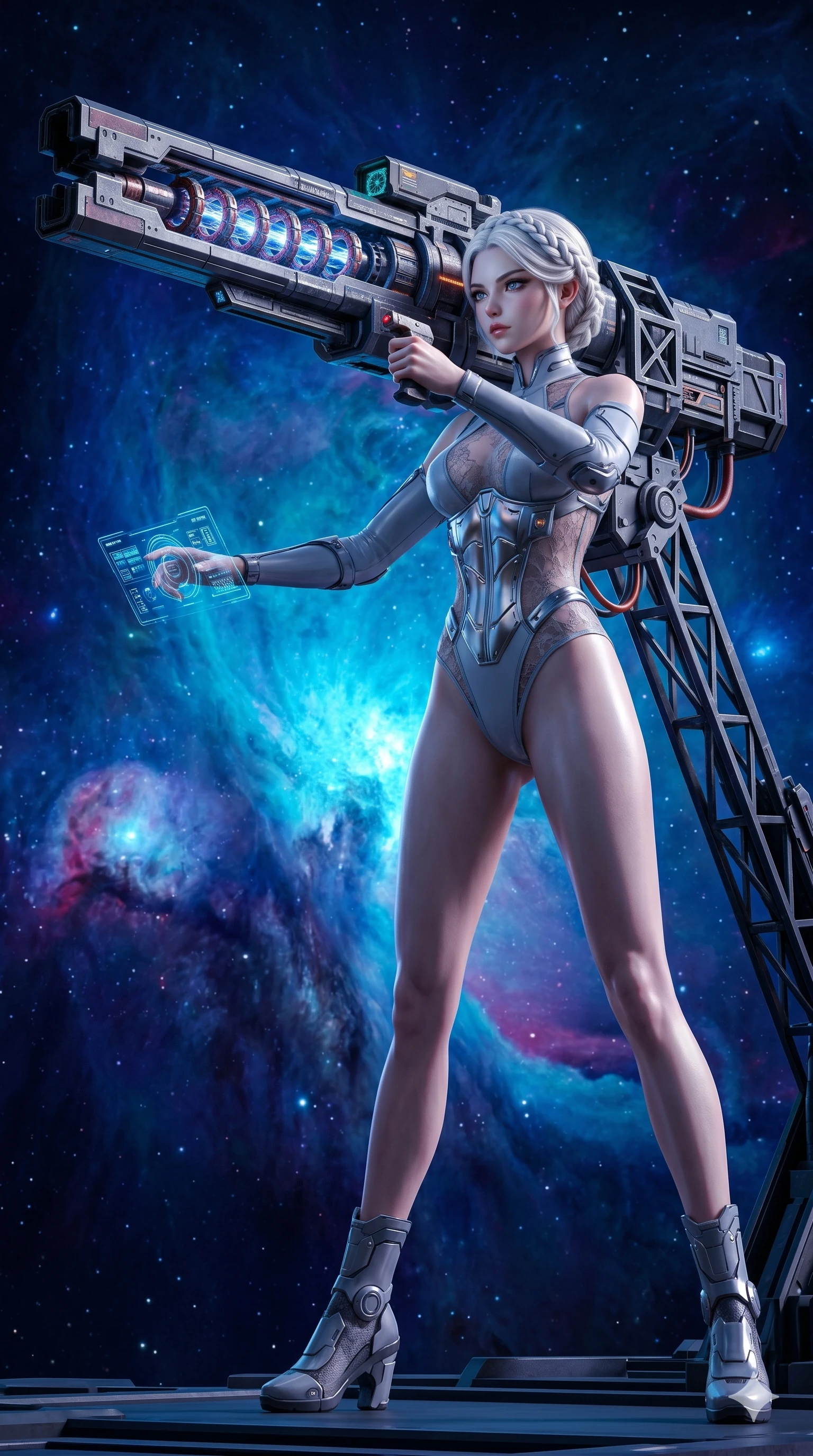 score_9, masterpiece, best quality, ultra-detailed, photorealistic 8k CG, hyper-detailed textures, ray-tracing, Japanese woman. Dynamic full-body shot stretching the vertical silhouette with extreme perspective. operating a massive railgun overlooking a nebula in deep space. She has an absolutely perfect 8-heads proportion, an exceptionally tall and slender female figure with an ultra-slim waist and impossibly long slender legs. strictly human anatomy, two legs only, no extra limbs, clearly defined legs and arms, perfect anatomy, perfect hands and fingers. sharp v-shaped jawline, high-bridge nose, intricate jewel-like eyes, thick eyelashes, glossy lips. Wearing Cyber-Tech Legacy: Asymmetrical high-cut tech-bodysuit with detached sleeves and chrome-plated corset over sheer lace. The scene is illuminated by dramatic atmospheric lighting and vibrant color palettes. , 2k, ultra detail, master piece, 9:16 ratio