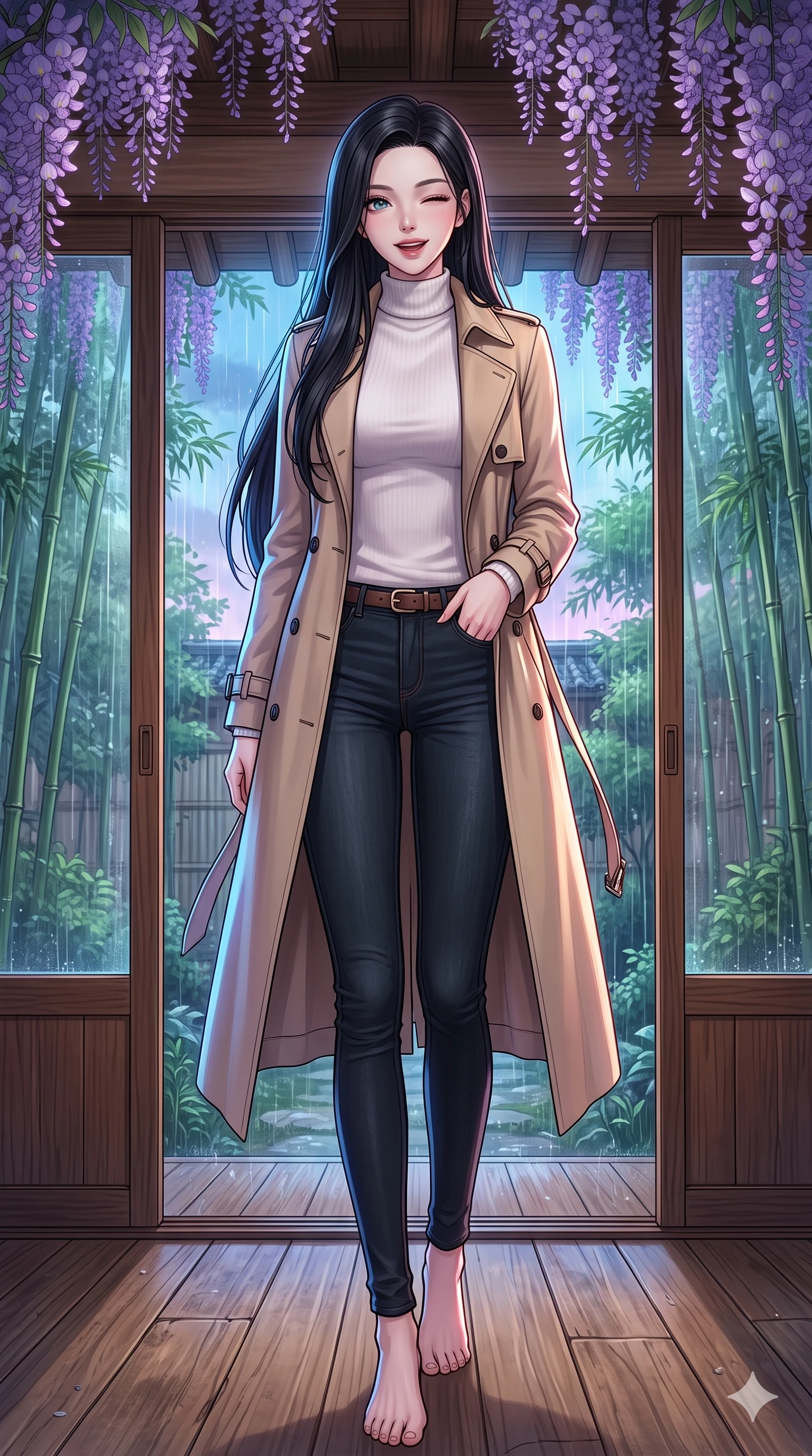 score_9, masterpiece, best quality, ultra-detailed, high-budget anime keyframe, vibrant anime aesthetic, Korean woman. low angle full-body shot from head to toe showing her feet, filling the entire 9:16 vertical frame with her statuesque presence, stretching her vertical silhouette. She is standing under wisteria vines, winking with a cheerful and lively face, looking directly into the lens with a gentle tilt of her head. inside a warm, wood-paneled tea house veranda with large sliding glass doors facing a rain-swept bamboo garden (Code-P22-011). She has an absolutely perfect 8-heads proportion, an exceptionally tall and slender female figure with impossibly long slender legs and an ultra-slim waist. V-shaped jawline, high-bridge nose, intricate jewel-like eyes with depth, thick eyelashes, glossy lips with a natural sheen. wearing a classic beige trench coat over a white turtleneck sweater and dark skinny jeans with an elegant leather belt. She is lit by vibrant twilight sky reflections, tracing her shoulders and neckline, outlining her perfect 8-heads proportion in the rainy afternoon. 2k, ultra detail, master piece, 9:16 ratio