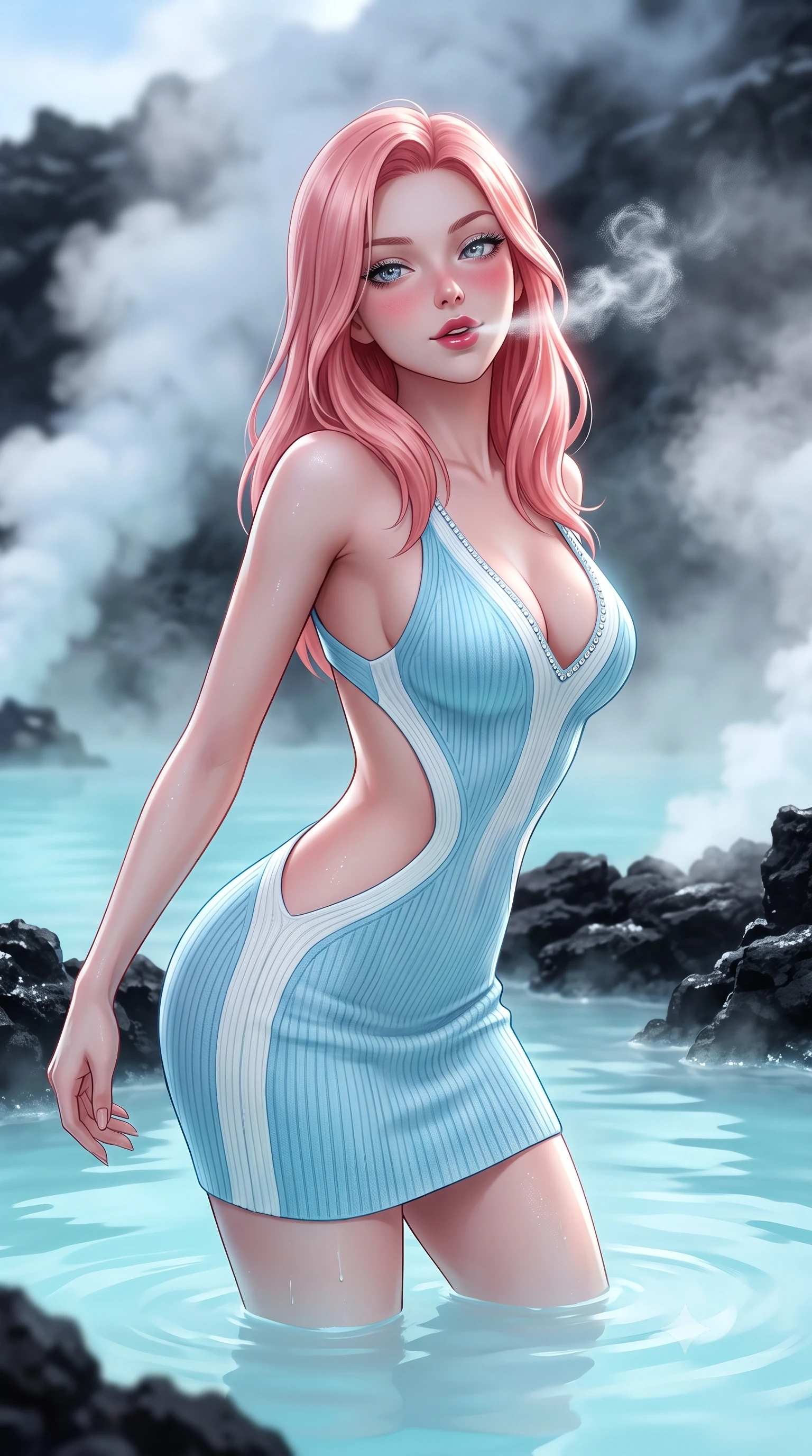 score_9, masterpiece, best quality, ultra-detailed, high-budget anime keyframe, semi-realistic 3D game render, editorial fashion photography, tasteful artistic composition, Japanese woman. close-up cowboy shot from the waist and thighs up, the character dominates the composition, filling the frame with her large presence. playfully blowing a wisp of frost toward the lens, her radiant smile capturing fresh girlhood charm while her arched torso reveals an intoxicating hip contour while wading into the opaque milky-cyan geothermal waters amidst black lava rocks, arching her back with an intoxicating, mystical smile. The composition keeps background elements in soft focus with dreamy creamy bokeh. thick billowing geothermal steam clouds rising into the sub-zero air softened in otherworldly Icelandic shallow focus. She has an exceptionally elegant, slender, and willowy female figure with an ultra-slim waist, flat toned midriff, narrow ribcage, and sculpted feminine hips creating an alluring, slim hourglass silhouette without bulk. sharp v-shaped jawline, high-bridge nose, sparkling ice-crystal eyes with depth, frosty thick lashes, glossy parted lips with a rosy berry sheen, bright playful smile with an intoxicating seductive glint, rosy flushed cheeks radiating cozy warmth and dangerous allure, flawlessly proportioned anatomical accuracy, strict slender model proportions, natural body alignment, perfectly sculpted long slender limbs, ultra-slim waistline, clean dynamic posture without body distortion. wearing a cut-out knit mini dress with open-waist architecture emphasizing her hourglass curves in glacial ice-blue and crisp alpine white, tailored from fine lightweight merino wool rib knit with structural contouring, finished with subtle crystal rhinestones lining the plunging neckline, the precision-cut side openings and low-back scoop framing her graceful spine and the sensual sweep of her slim, toned hips. illuminated by milky-cyan water bounce fill and sharp silver rim lights sculpting her razor-sharp jawline, narrow waist, and curvy hips. highly saturated vibrant anime colors, detailed shading with soft gradients, rich glossy textures, high-contrast stereoscopic depth, volumetric dynamic lighting, master piece, 9:16 ratio