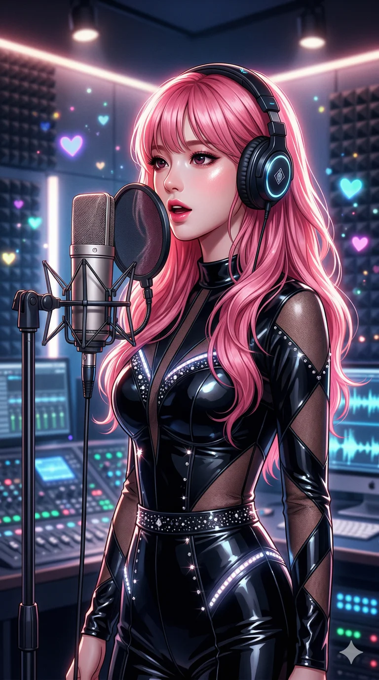 score_9, masterpiece, best quality, ultra-detailed, semi-realistic high-budget anime keyframe, an incredibly beautiful Korean woman. Medium shot of upper body focusing on her alluring features. She is a K-pop idol in a high-tech music studio, recording a song. She has an absolutely perfect 8-heads proportion, a towering and slender female figure. Her face is a masterpiece with vibrant pink hair and jewel-like eyes. She is wearing a glossy latex idol outfit with sheer fabric inserts, highlighting her alluring silhouette. Studio lights and digital hearts, radiant glowing skin, dramatic rim lighting, 2k, ultra detail, master piece, 9:16 ratio