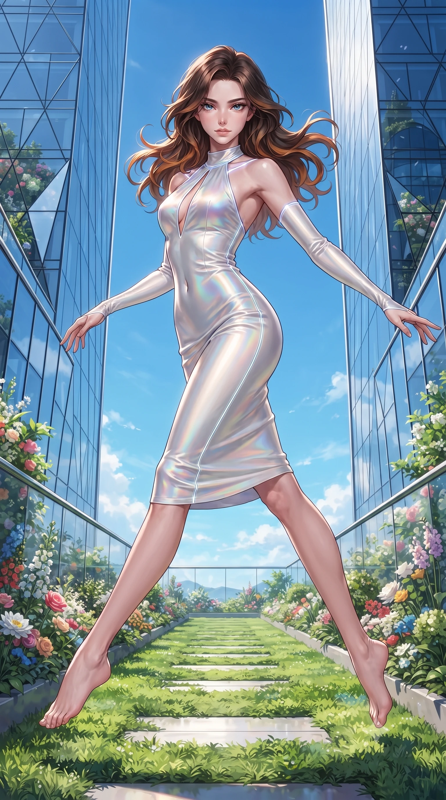 score_9, masterpiece, best quality, ultra-detailed, high-budget anime keyframe, editorial fashion photography, tasteful artistic composition, Korean woman. low angle full-body shot from head to toe showing her feet, filling the entire 9:16 vertical frame with her statuesque presence, stretching her vertical silhouette. leaping through mid-air with an athletic yet alluring arch of her spine, her impossibly long slender legs stretched in flawless poise while stepping along a verdant sky-garden walkway suspended between twin gleaming architectural towers. The surrounding environment is rendered in vivid detail and crisp panoramic clarity. crisp architectural tower glass facets, detailed sky-garden flower arrangements, and endless blue sky in deep focus. She has an absolutely perfect, statuesque 8.5-heads proportion, an exceptionally tall and slender model-like female figure with impossibly long slender legs, a toned flat midriff, and an ultra-slim waist. sharp v-shaped jawline, high-bridge nose, intricate jewel-like eyes with depth, thick eyelashes, glossy lips with a natural sheen, flawlessly proportioned anatomical accuracy, strict slender model proportions, natural body alignment, perfectly sculpted long slender limbs, ultra-slim waistline, clean dynamic posture without body distortion. wearing a velvet halter-neck midi dress fitting her statuesque contour flawlessly with a Tasteful chest slit and open spine in glistening liquid pearl white with rainbow opalescence, made of smooth iridescent silk chiffon that shifts colors with movement, accented with glowing fiber-optic seams tracing her collarbones and hip curves, the glove-like aerodynamic second-skin fit tightly clinging to her ultra-slender waist and athletic curves without adding bulk, accentuating her razor-sharp statuesque lines and slim hourglass silhouette. illuminated by crisp specular highlights tracing her sculpted collarbones and waistline. ultra-reflective glossy finish, specular highlights, metallic sheen, high-contrast stereoscopic depth, volumetric dynamic lighting, 2k, ultra detail, master piece, 9:16 ratio