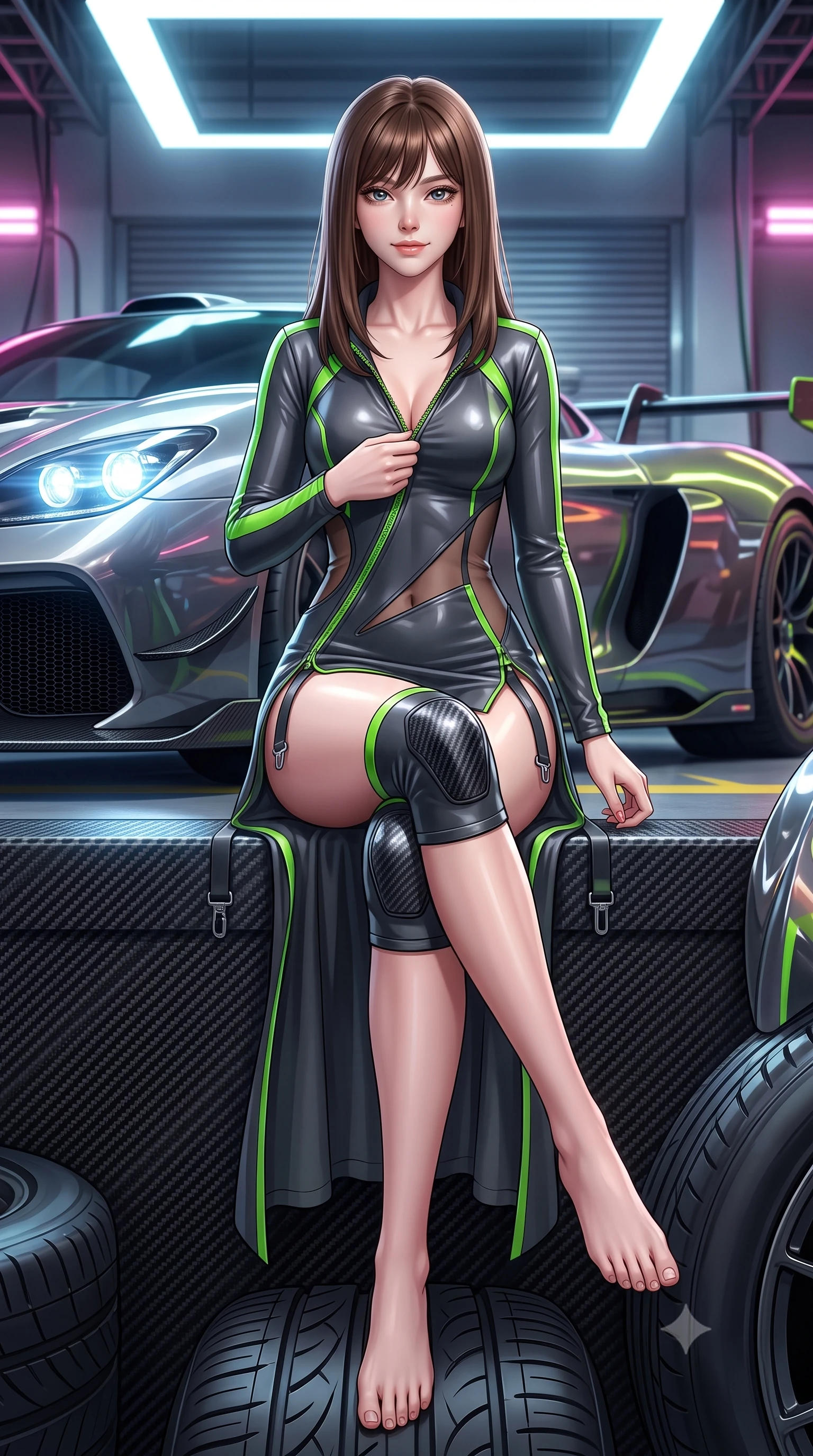 score_9, masterpiece, best quality, ultra-detailed, high-budget anime keyframe, semi-realistic 3D game render, editorial fashion photography, tasteful artistic composition, Korean woman. low angle full-body shot from head to toe showing her feet, filling the entire 9:16 vertical frame with her statuesque presence, stretching her vertical silhouette. sitting poised on the elevated edge with legs crossed and extended, her tall 8.5-heads proportions dominating the scene with effortless poise while unzipping her leather racing suit with a slow, teasing smile, eyes locked with daring magnetism on the viewer. The surrounding environment is rendered in vivid detail and crisp panoramic clarity. sharp carbon-fiber weave textures, polished hypercar body reflections, and tire tread grooves in deep focus. She has an absolutely perfect, statuesque 8.5-heads proportion, an exceptionally tall and slender model-like female figure with impossibly long slender legs, a toned flat midriff, and an ultra-slim waist. sharp v-shaped jawline, high-bridge nose, intricate jewel-like eyes with depth, thick eyelashes, glossy parted lips with a natural sheen, intensely captivating and seductive expression, flawlessly proportioned anatomical accuracy, strict slender model proportions, natural body alignment, perfectly sculpted long slender limbs, ultra-slim waistline, clean dynamic posture without body distortion. wearing a form-contouring vinyl track dress with diagonal zipper detailing and an ultra-high side slit in dark carbon grey and laser green accents, made of stretchy athletic knit with sheer mesh cutout inserts, accented with hanging industrial clip straps and carbon fiber knee sliders, the precision-cut daring openings accentuating her delicate midriff, graceful bare collarbones, and ultra-slim feminine waistline. bathed in high-intensity xenon hypercar headlights and neon pitlane floodlights. highly saturated vibrant anime colors, detailed shading with soft gradients, rich glossy textures, high-contrast stereoscopic depth, volumetric dynamic lighting, master piece, 9:16 ratio