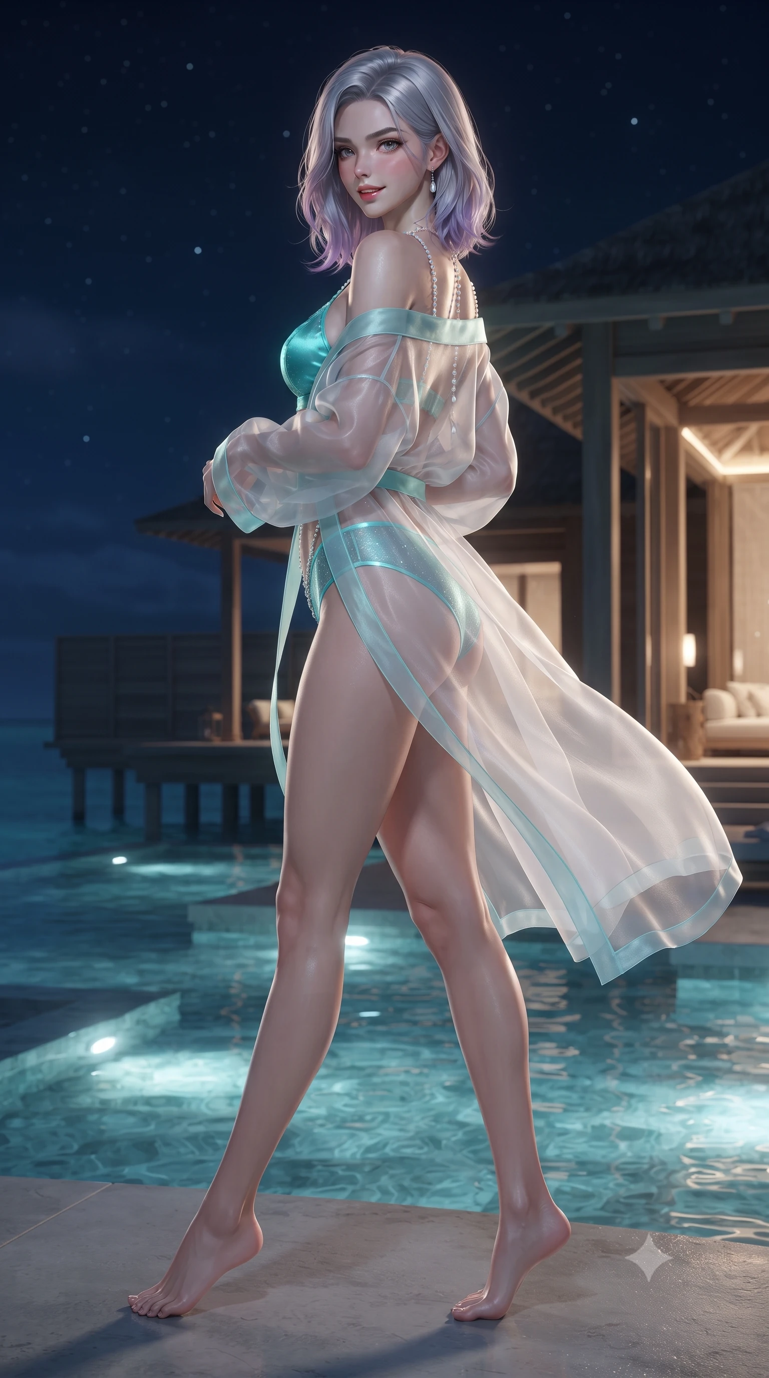 score_9, masterpiece, best quality, ultra-detailed, high-budget anime keyframe, editorial fashion photography, tasteful artistic composition, Caucasian woman. low angle full-body shot from head to toe showing her feet, filling the entire 9:16 vertical frame with her statuesque presence, stretching her vertical silhouette. executing a slow, graceful pivot turn as her skirt sways around her slender legs, glancing back with an enchanting, teasing sensual expression while twisting her slender torso in an alluring contrapposto stance, pool lights and tropical starlight sculpting highlights on her narrow waist and hips. The surrounding environment is rendered in vivid detail and crisp panoramic clarity: detailed wet-look high-cut monokini cling, crystal belly chain glint, and overwater architectural craftsmanship in razor-sharp precision. She has an absolutely perfect, statuesque 8.5-heads proportion, an exceptionally tall and slender model-like female figure with impossibly long slender legs, an ultra-slim waist, a flat toned midriff, narrow delicate ribcage, and beautifully sculpted feminine hips creating a graceful, slim hourglass silhouette without any bulky heaviness. sharp v-shaped jawline, high-bridge nose, sparkling eyes with hypnotic seductive depth, thick curled eyelashes, glossy parted lips with a natural dewy peach sheen, alluring bedroom-eyes with an enchanting coquettish smile, exuding magnetic siren charisma and sophisticated glamour, flawlessly proportioned anatomical accuracy, strict slender model proportions, natural body alignment, perfectly sculpted long slender limbs, ultra-slim waistline, clean dynamic posture without body distortion. wearing a sheer silk organza modern caftan robe worn loose and slipping off bare shoulders over a matching satin bralette and micro-shorts in bioluminescent neon teal and starlight silver, crafted from fluid liquid silk satin that clings smoothly to every curve with a dewy sheen, accented with a pearl-drop body harness subtly framing her dewy collarbones and spine, the second-skin tailored fabric adhering flawlessly to her sculpted flat midriff and slender torso, emphasizing her long leg lines and perfectly proportioned willowy build. illuminated by splashing water spray caustics and sharp platinum-gold rim lights sculpting her jawline, flat midriff, and curvy hips. ultra-reflective glossy finish, specular highlights, rich textural contrasts, high-contrast stereoscopic depth, volumetric dynamic lighting, 2k, ultra detail, master piece, 9:16 ratio