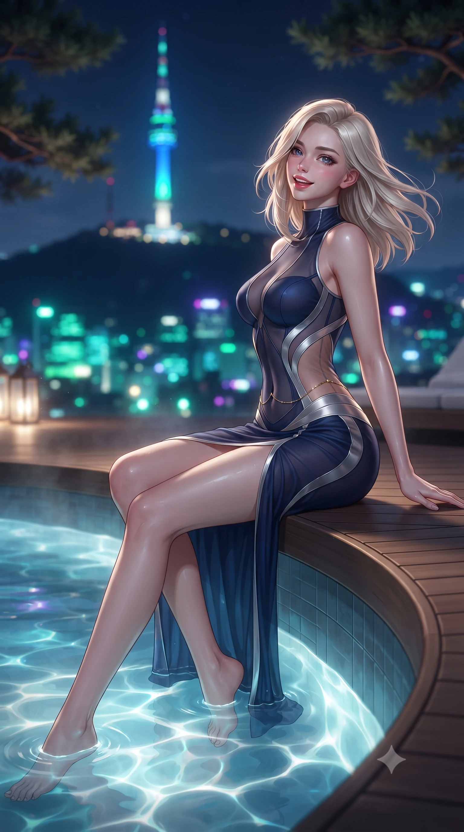 score_9, masterpiece, best quality, ultra-detailed, high-budget anime keyframe, editorial fashion photography, tasteful artistic composition, Caucasian woman. low angle full-body shot from head to toe showing her feet, filling the entire 9:16 vertical frame with her statuesque presence, stretching her vertical silhouette. executing a slow, graceful pivot turn as her skirt sways around her slender legs, glancing back with an enchanting, teasing sensual expression while sitting perched on the deck edge with legs dipped in thermal water, flashing a radiant, playful smile with parted glossy lips. The background shows a soft-focus iconic glowing blue-and-green beacon of N Seoul Tower atop Namsan mountain, moonlit pine canopies, and distant city lights blurred into emerald, turquoise, and violet bokeh. She has an exceptionally tall and slender model-like 8.5-heads proportion, an ultra-slim waist, a flat toned midriff, narrow delicate ribcage, and beautifully sculpted feminine hips creating a graceful, slim hourglass silhouette without any bulky heaviness, with impossibly long slender legs. sharp v-shaped jawline, high-bridge nose, intricate jewel-like sparkling eyes with depth, thick eyelashes, glossy parted lips with a natural peach sheen, bright cheerful beaming smile with an enchanting and coquettish sensual glint, exuding both youthful cute charm and seductive allure, flawlessly proportioned anatomical accuracy, strict slender model proportions, natural body alignment, perfectly sculpted long slender limbs, ultra-slim waistline, clean dynamic posture without body distortion. wearing a provocative high-neck sheer illusion cocktail dress with liquid satin ribbons contouring her curves in moonlit Grand Canal sapphire navy and liquid platinum, made of fluid liquid jersey with seamless sculpting hold and smooth contours, accented with a dainty gold belly chain resting across her flat midriff and curving hips, the form-contouring silhouette accentuating her sculpted flat midriff, narrow delicate ribcage, and gracefully curvy hips with intoxicating allure. illuminated by thermal pool surface caustics and sharp pearlescent rim lights sculpting her jawline, narrow waist, and curvy hips. ultra-reflective glossy finish, specular highlights, rich textural contrasts, high-contrast stereoscopic depth, volumetric dynamic lighting, 2k, ultra detail, master piece, 9:16 ratio