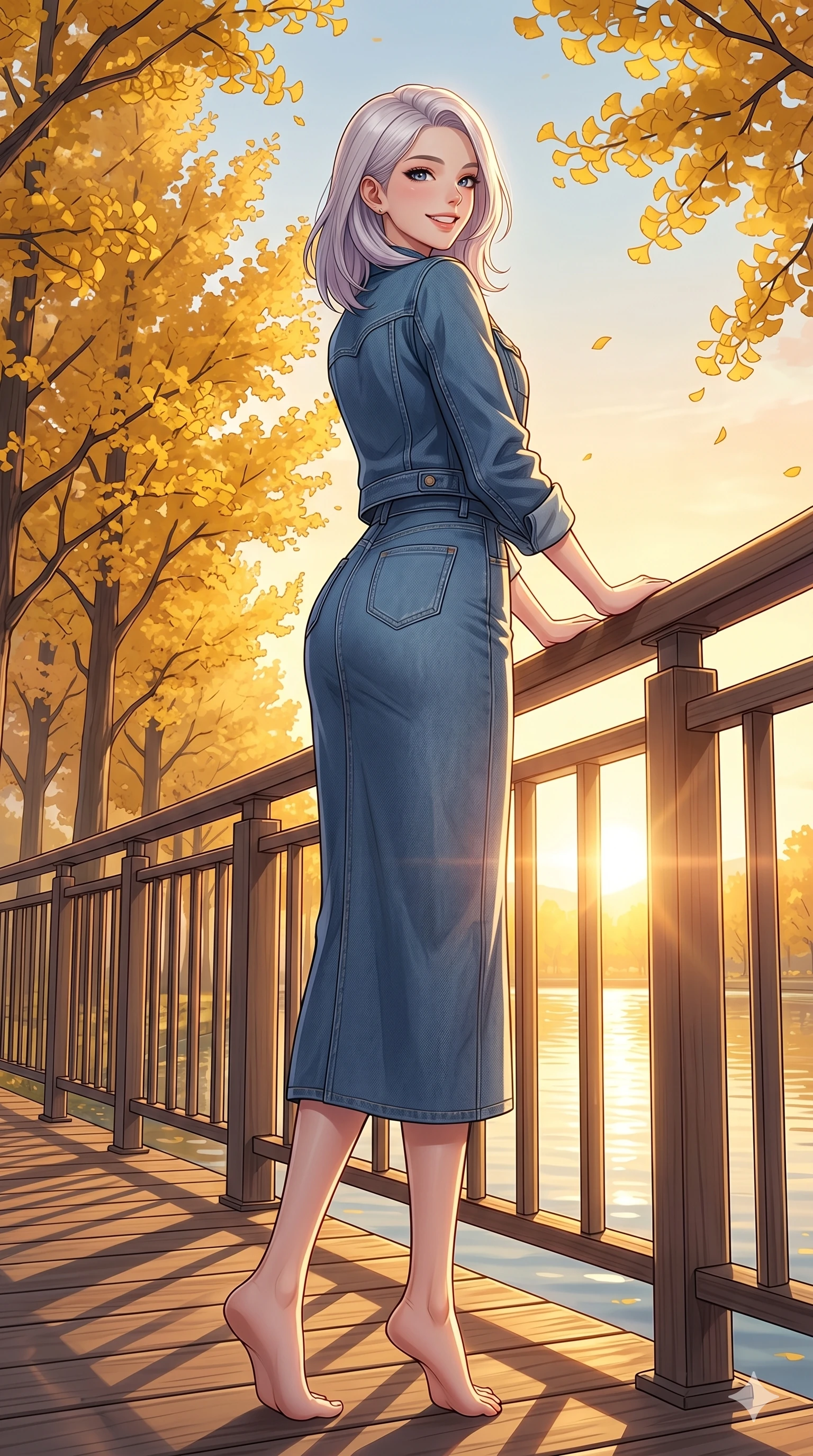 score_9, masterpiece, best quality, ultra-detailed, high-budget anime keyframe, vibrant anime aesthetic, Caucasian woman, strictly human ears. low angle full-body shot from head to toe showing her feet, filling the entire 9:16 vertical frame with her statuesque presence, stretching her vertical silhouette. She is resting her hands on the deck railing, looking over her shoulder with a happy grin by a quiet lakeside promenade lined with golden gingko trees in the morning sun (Code-P21-020). She has an absolutely perfect 8-heads proportion, an exceptionally tall and slender female figure with impossibly long slender legs and an ultra-slim waist. V-shaped jawline, high-bridge nose, intricate jewel-like eyes with depth, thick eyelashes, glossy lips with a natural sheen. wearing a modern denim set featuring a structured jacket and long skirt in winter. She is glowing with warm winter sunset light radiating from the horizon, casting a golden aura. 2k, ultra detail, master piece, 9:16 ratio