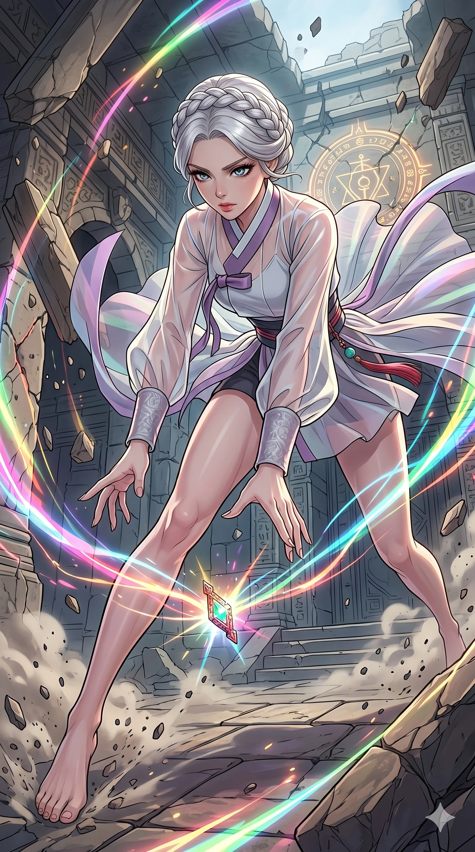 score_9, masterpiece, best quality, ultra-detailed, high-budget anime movie keyframe, cinematic anime lighting, intricate line art, Japanese anime girl. Low angle cowboy shot capturing a powerful motion and statuesque presence. lunging forward to grab a falling artifact in a crumbling temple. She has an absolutely perfect 8-heads proportion, an exceptionally tall and slender female figure with an ultra-slim waist and impossibly long slender legs. strictly human anatomy, two legs only, no extra limbs, clearly defined legs and arms, perfect anatomy, perfect hands and fingers. sharp v-shaped jawline, high-bridge nose, intricate jewel-like eyes, thick eyelashes, glossy lips. Wearing Modern Traditional: Shortened cyber-hanbok with fusion silk robes and transparent panels. The scene is illuminated by dramatic atmospheric lighting and vibrant color palettes. , 2k, ultra detail, master piece, 9:16 ratio