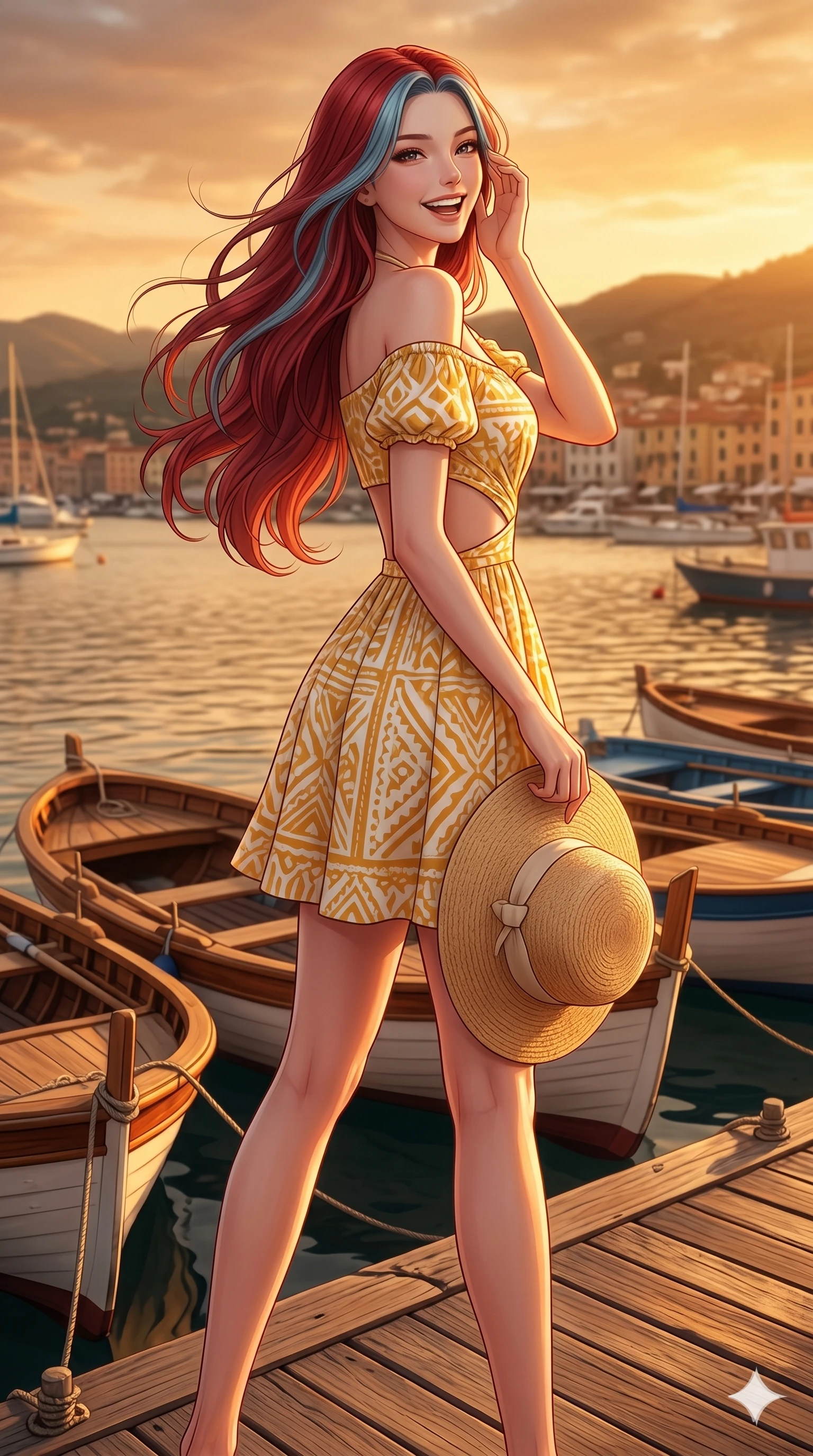 score_9, masterpiece, best quality, ultra-detailed, high-budget anime keyframe, editorial fashion photography, tasteful artistic composition, Caucasian woman, strictly human ears. cowboy shot from the thighs up, character and outfit filling the frame for maximum editorial presence. holding a sun hat, looking back with a bright, playful laugh standing on a wooden dock with small boats moored nearby. She has an absolutely perfect 8-heads proportion, an exceptionally tall and slender female figure with impossibly long slender legs and an ultra-slim waist. V-shaped jawline, high-bridge nose, intricate jewel-like eyes with depth, thick eyelashes, glossy lips with a natural sheen. wearing a yellow and white cotton wrap dress with a tasteful side cutout and bare shoulders. drenched in warm golden hour light casting a rich amber glow over the harbor. 2k, ultra detail, master piece, 9:16 ratio