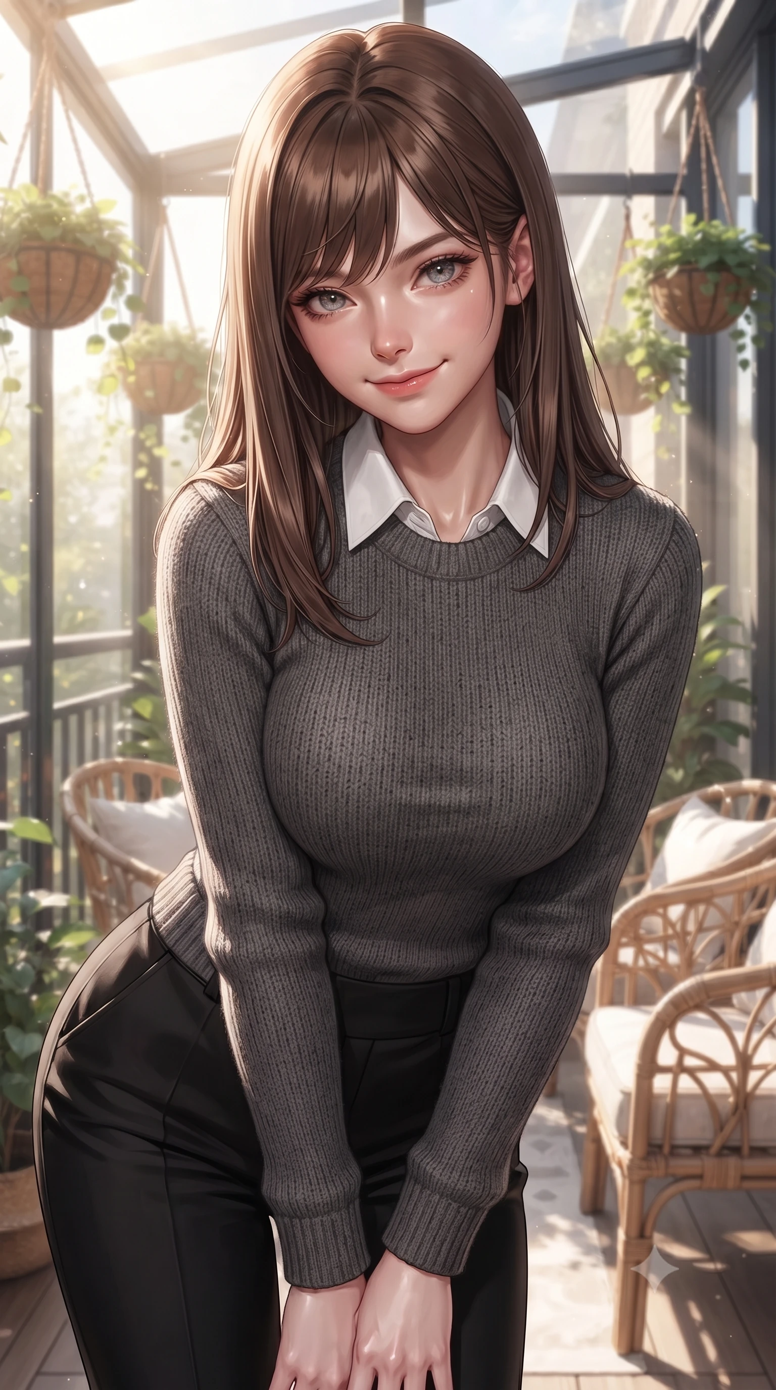score_9, masterpiece, best quality, ultra-detailed, high-budget anime keyframe, editorial fashion photography, tasteful artistic composition, Korean woman woman. close-up cowboy shot from the waist and thighs up, the character dominates the composition, filling the frame with her large presence, background elements kept in soft focus. leaning slightly forward with a playful, teasing smile, her gaze locked onto the viewer the background shows a soft-focus a glass-walled balcony filled with hanging plant baskets and rattan chairs. She has an exceptionally elegant, slender, and willowy female figure with an ultra-slim waist, a gracefully sculpted slender torso, and a refined silhouette. sharp v-shaped jawline, high-bridge nose, intricate jewel-like eyes with depth, thick eyelashes, glossy lips with a natural sheen. wearing a body-hugging cozy charcoal grey knit sweater over a white collared shirt and black slacks. bright afternoon sun rays illuminating the entire green space. ultra-reflective glossy finish, specular highlights, metallic sheen, high-contrast stereoscopic depth, volumetric dynamic lighting, 2k, ultra detail, master piece, 9:16 ratio