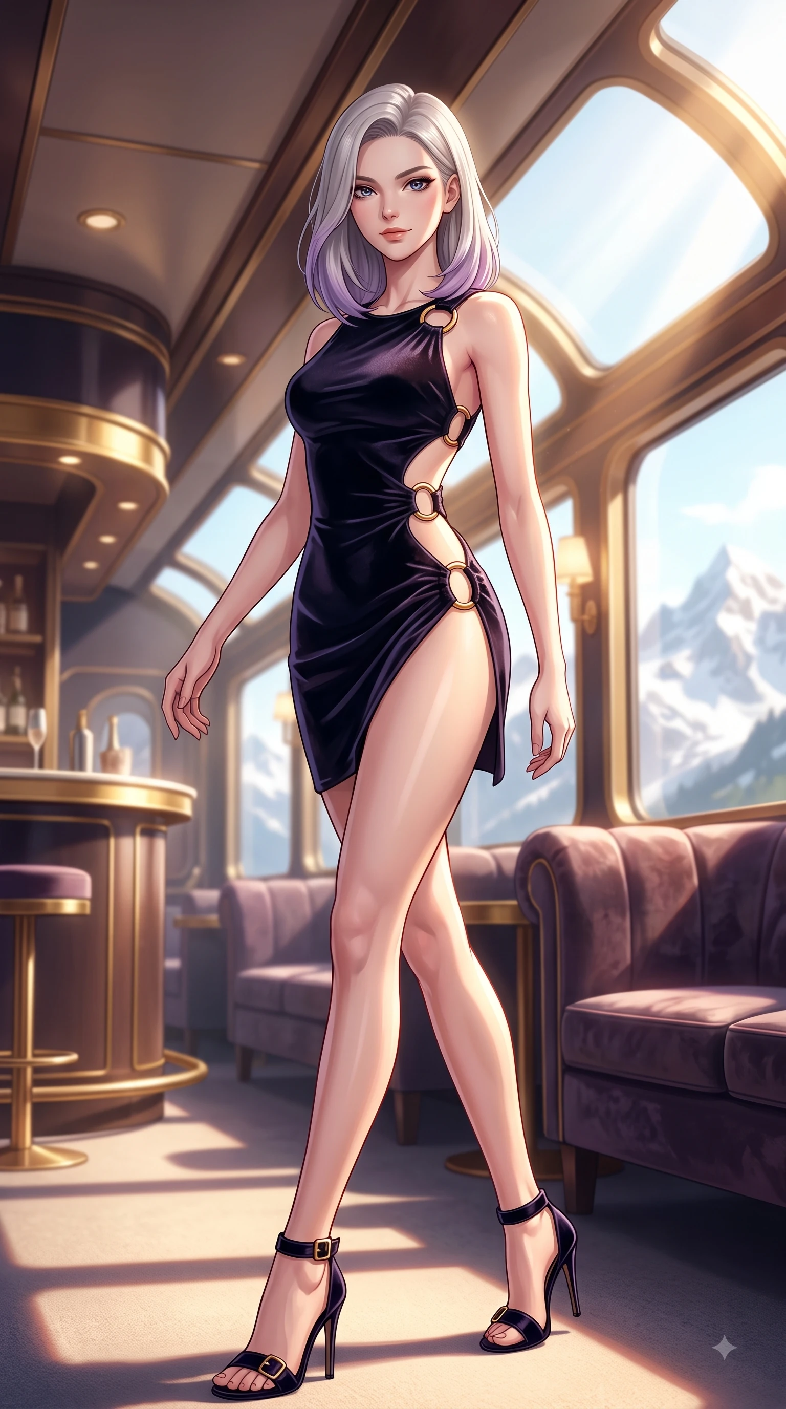 score_9, masterpiece, best quality, ultra-detailed, high-budget anime keyframe, editorial fashion photography, tasteful artistic composition, Caucasian woman woman. low angle full-body shot from head to toe showing her feet, filling the entire 9:16 vertical frame with her statuesque presence, stretching her vertical silhouette. She has an absolutely perfect, statuesque 8.5-heads proportion, an exceptionally tall and slender model-like female figure with impossibly long slender legs and an ultra-slim waist. stepping gracefully forward in a proud statuesque stride, her body turning in a fluid S-curve silhouette, flawlessly proportioned anatomical accuracy, natural body alignment, perfectly sculpted elegant limbs, clean dynamic posture without body distortion. set against a soft-focus background of a winding luxury train lounge car showing snowy alpine peaks. wearing a slitted cutout bodycon mini dress in dark velvet with gold ring hardware framing her waist. bathed in crisp alpine morning sunbeams slicing through panoramic window glass. highly saturated vibrant anime colors, detailed shading with soft gradients, rich glossy textures, high-contrast stereoscopic depth, volumetric dynamic lighting, master piece, 9:16 ratio