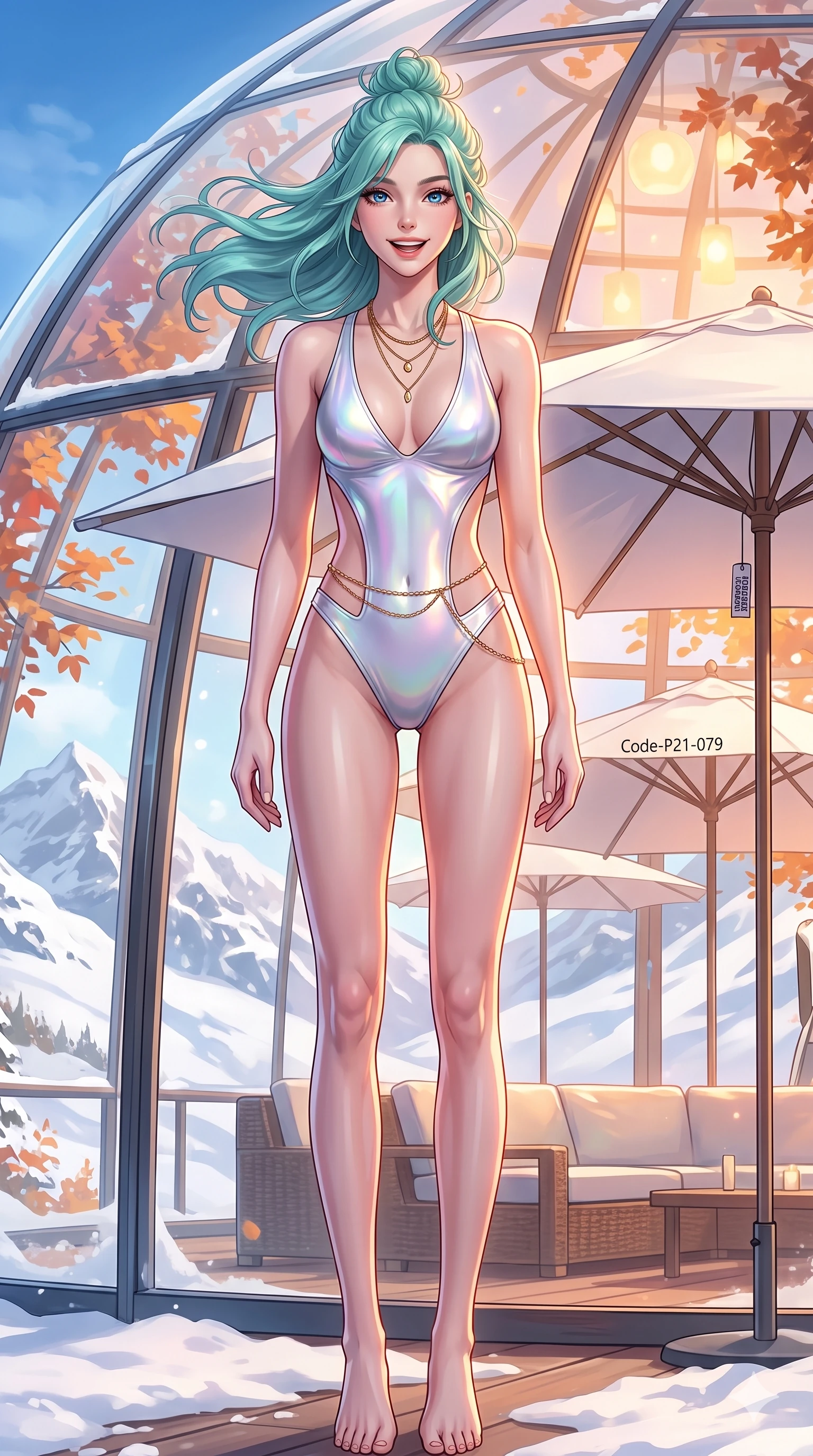 score_9, masterpiece, best quality, ultra-detailed, high-budget anime keyframe, vibrant anime aesthetic, Japanese woman. cowboy shot from the thighs up, character and outfit filling the frame for maximum presence. She is standing tall with a lively smile, her hair blowing in the autumn breeze by a ski club lounge under white umbrellas (Code-P21-079). She has an absolutely perfect 8-heads proportion, an exceptionally tall and slender female figure with impossibly long slender legs and an ultra-slim waist. V-shaped jawline, high-bridge nose, intricate jewel-like eyes with depth, thick eyelashes, glossy lips with a natural sheen. wearing a sleek swimsuit with high-cut lines and exposed waist in the snow. She is warm glowing resort light filtering through the glass dome in snow, outlining her features. 2k, ultra detail, master piece, 9:16 ratio