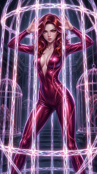 score_9, masterpiece, best quality, ultra-detailed, High-budget Anime Keyframe, East Asian woman. Dynamic full-body shot stretching the vertical silhouette to the limit. Scenario 72: Trapped in a cage of glowing crystalline fibers, body pressing agai