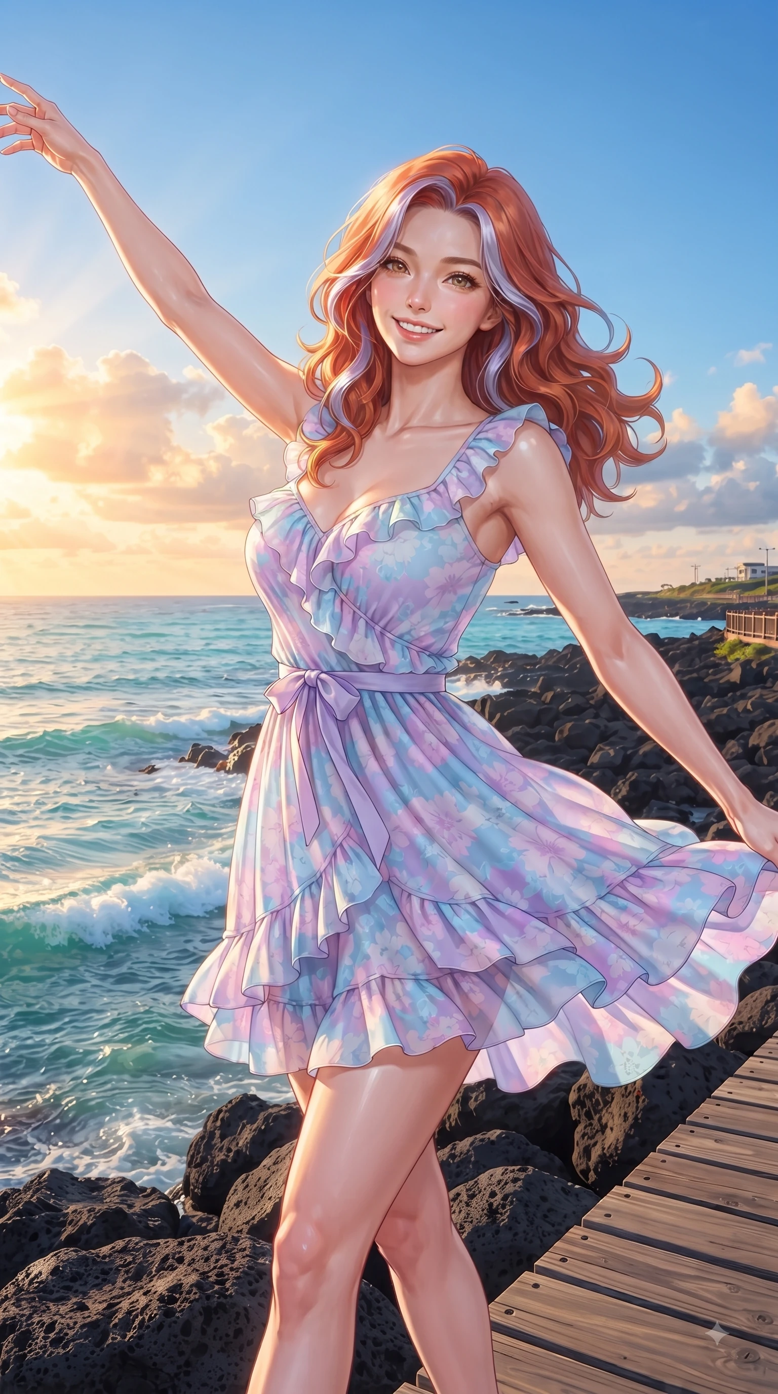 score_9, masterpiece, best quality, ultra-detailed, high-budget anime keyframe, editorial fashion photography, tasteful artistic composition, Caucasian woman. close-up cowboy shot from the waist and thighs up, the character dominates the composition, filling the frame with her large presence. Extending one arm in an elegant stretch toward the light while smiling with vibrant, youthful self-assurance while pivoting dynamically on dark volcanic basalt rocks as clear turquoise ocean waves lap near the shoreline. The surrounding environment is rendered in vivid detail and crisp panoramic clarity. vibrant sea foam crests, coastal boardwalk wooden planks, and crisp blue skies in panoramic clarity. She has an exceptionally elegant, slender, and willowy female figure with an ultra-slim waist, a gracefully sculpted slender torso, and a refined silhouette. sharp v-shaped jawline, high-bridge nose, intricate jewel-like eyes with depth, thick eyelashes, glossy lips with a natural sheen, flawlessly proportioned anatomical accuracy, natural body alignment, perfectly sculpted elegant limbs, clean dynamic posture without body distortion. wearing a bright floral print ruffle sundress with a gentle sweetheart neckline in soft pastel lavender and sky blue, made of fine lightweight chiffon that flutters gently in the breeze, accented with a dainty waist ribbon bow, the soft airy drape swaying gracefully with her dynamic movements. illuminated by a glorious golden hour sunburst painting the clouds in joyful peach and amber. ultra-reflective glossy finish, specular highlights, metallic sheen, high-contrast stereoscopic depth, volumetric dynamic lighting, 2k, ultra detail, master piece, 9:16 ratio