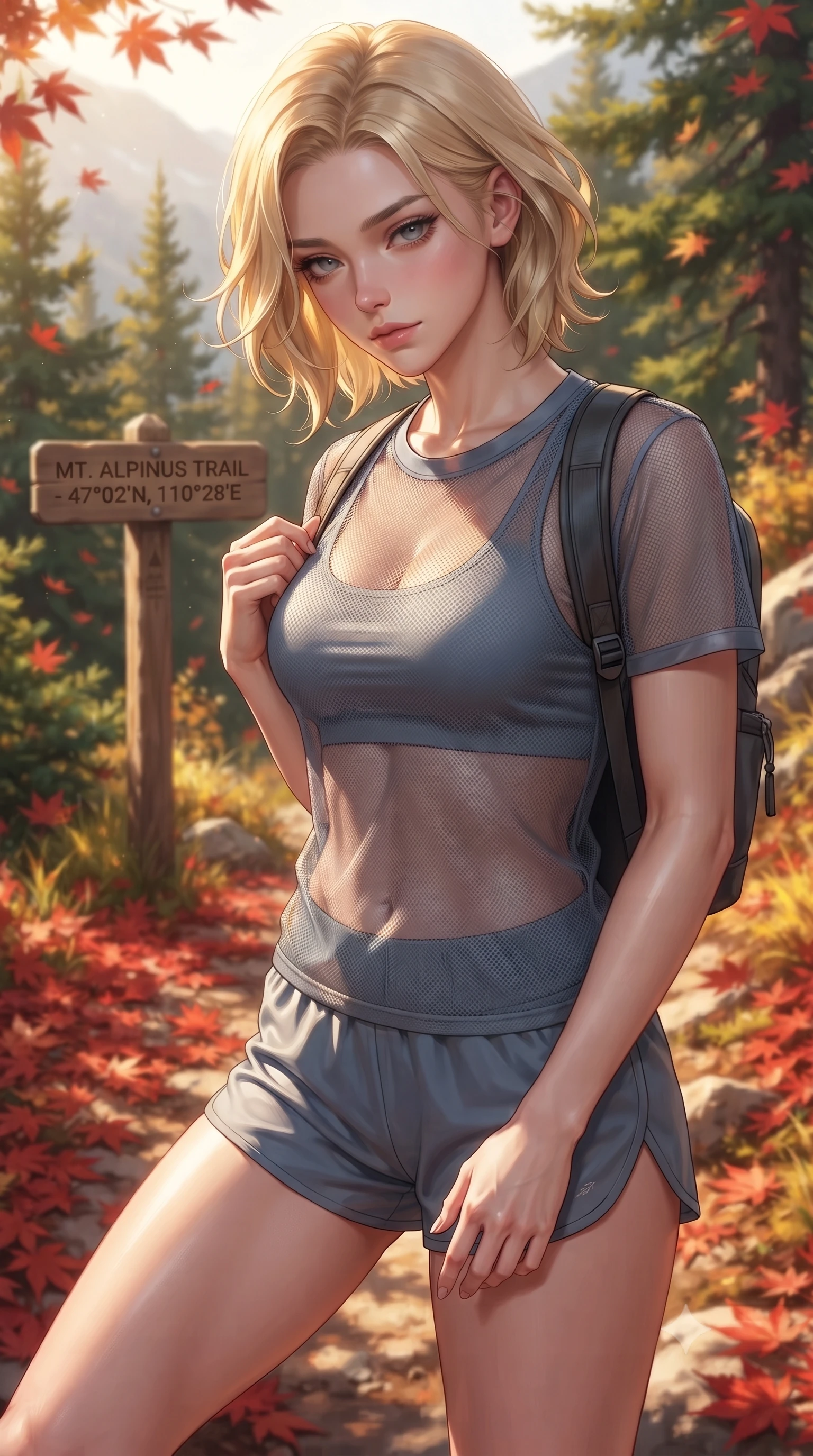 score_9, masterpiece, best quality, ultra-detailed, high-budget anime keyframe, editorial fashion photography, tasteful artistic composition, Caucasian woman. close-up cowboy shot from the waist and thighs up, the character dominates the composition, filling the frame with her large presence, background elements kept in soft focus. looking down at the camera beneath lowered lashes with a quiet, alluring confidence set against a soft-focus background of walking through an autumn mountain path covered in red maple leaves with a wooden trail marker sign showing coordinates behind her. She has an exceptionally elegant, slender, and willowy female figure with an ultra-slim waist, a gracefully sculpted slender torso, and a refined silhouette. sharp v-shaped jawline, high-bridge nose, intricate jewel-like eyes with depth, thick eyelashes, glossy lips with a natural sheen. wearing tailored sheer mesh athletic top in slate grey, worn over a slim-fit sports bralette and shorts. bright morning alpine sun highlighting the green pine trees in vivid gold. ultra-reflective glossy finish, specular highlights, metallic sheen, high-contrast stereoscopic depth, volumetric dynamic lighting, 2k, ultra detail, master piece, 9:16 ratio