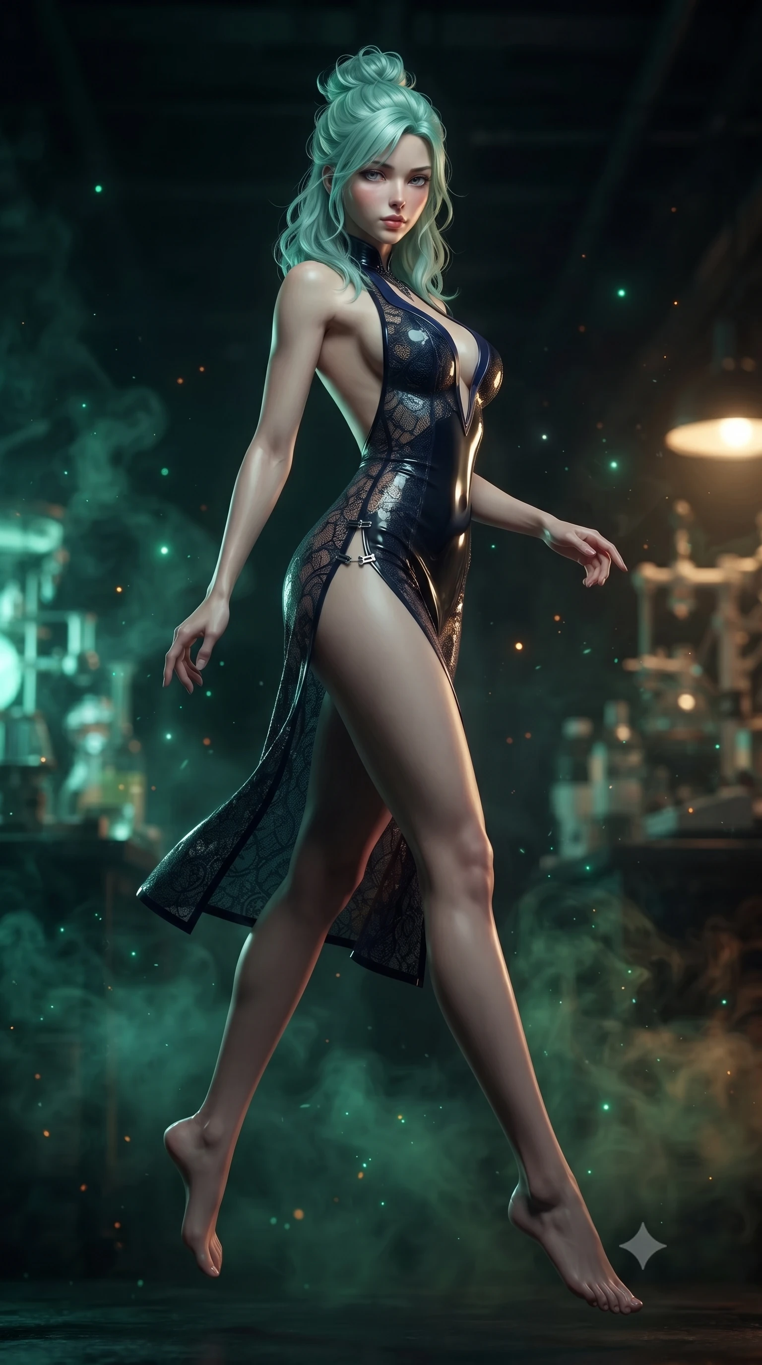 score_9, masterpiece, best quality, ultra-detailed, high-budget anime keyframe, editorial fashion photography, tasteful artistic composition, Japanese woman. low angle full-body shot from head to toe showing her feet, filling the entire 9:16 vertical frame with her statuesque presence, stretching her vertical silhouette. performing an alluring mid-air vault with flawless poise, looking directly into the camera with smoldering, predatory intensity while stepping gracefully through drifting chemical mist with a provocative, bedroom-eyed glance into the lens. The composition keeps background elements in soft focus with creamy bokeh. drifting chemical vapor motes scattering soft glowing light across a dark background. She has an absolutely perfect, statuesque 8.5-heads proportion, an exceptionally tall and slender model-like female figure with impossibly long slender legs, a toned flat midriff, and an ultra-slim waist. sharp v-shaped jawline, high-bridge nose, intricate jewel-like eyes with depth, thick eyelashes, glossy lips with a natural sheen, flawlessly proportioned anatomical accuracy, strict slender model proportions, natural body alignment, perfectly sculpted long slender limbs, ultra-slim waistline, clean dynamic posture without body distortion. wearing a second-skin midnight black latex mini dress with a dramatic open-back design wrapping around her waist and a plunging neckline in midnight navy blue and shadowed silver trim, crafted from delicate dark lace interwoven with luminescent micro-fibers, finished with an ultra-high side slit secured by miniature magnetic clasps, the form-contouring material adhering flawlessly to her sculpted flat midriff and slender torso, emphasizing her long leg lines and perfectly proportioned willowy build. bathed in eerie emerald bioluminescent backlighting and warm amber lamp fill light. ultra-reflective glossy finish, specular highlights, dark metallic sheen, deep chiaroscuro contrast, volumetric dynamic shadow lighting, 2k, ultra detail, master piece, 9:16 ratio