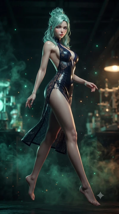 score_9, masterpiece, best quality, ultra-detailed, high-budget anime keyframe, editorial fashion photography, tasteful artistic composition, Japanese woman. low angle full-body shot from head to toe showing her feet, filling the entire 9:16 vertical
