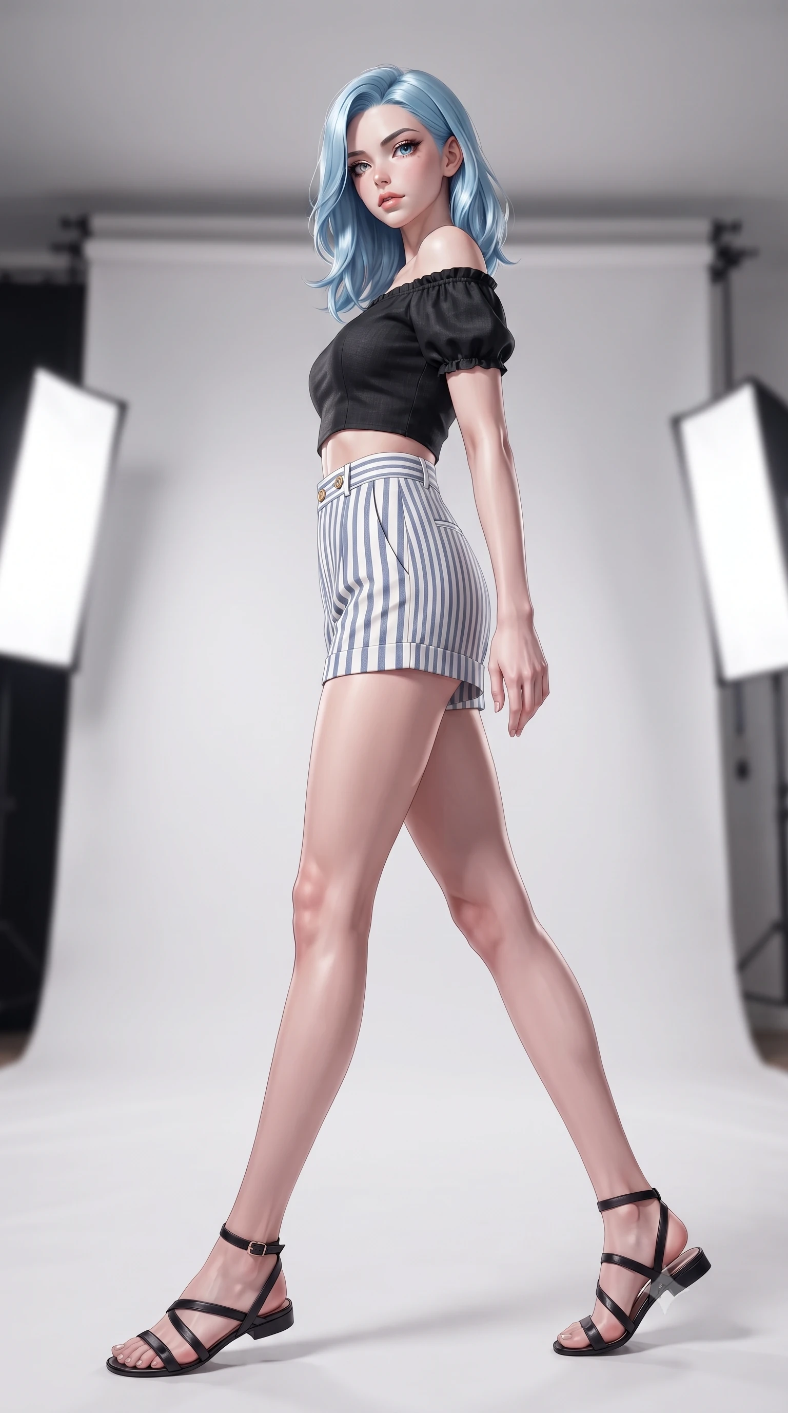 score_9, masterpiece, best quality, ultra-detailed, high-budget anime keyframe, editorial fashion photography, tasteful artistic composition, Korean woman. low angle full-body shot from head to toe showing her feet, filling the entire 9:16 vertical frame with her statuesque presence, stretching her vertical silhouette. stepping gracefully while looking back over her shoulder, her dress draped tightly to reveal her silhouette the background shows a soft-focus a minimalist fashion photo studio with white backdrop cyc wall and softbox lights. She has an absolutely perfect, statuesque 8.5-heads proportion, an exceptionally tall and slender model-like female figure with impossibly long slender legs and an ultra-slim waist. sharp v-shaped jawline, high-bridge nose, intricate jewel-like eyes with depth, thick eyelashes, glossy lips with a natural sheen. wearing a slim-fit chic off-shoulder crop top in black linen, paired with high-waisted striped resort shorts. soft diffused key light with a subtle silver rim highlight on her hair. highly saturated vibrant anime colors, detailed shading with soft gradients, rich glossy textures, high-contrast stereoscopic depth, volumetric dynamic lighting, master piece, 9:16 ratio