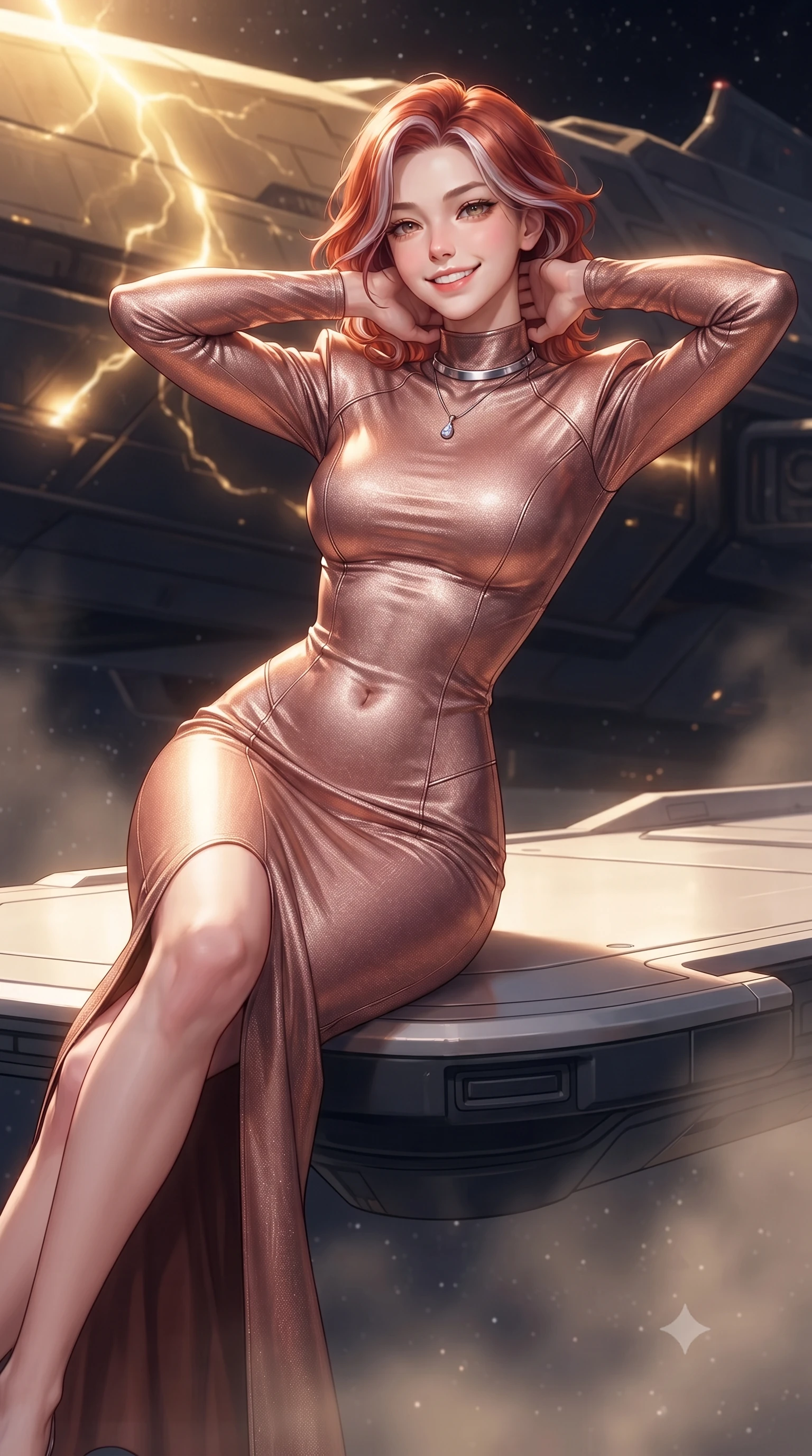 score_9, masterpiece, best quality, ultra-detailed, high-budget anime keyframe, editorial fashion photography, tasteful artistic composition, Caucasian woman. close-up cowboy shot from the waist and thighs up, the character dominates the composition, filling the frame with her large presence. resting both hands lightly behind her neck with elbows raised, arching her spine to highlight her narrow waist, flat midriff, and breathtaking collarbones while lounging gracefully across the floating inspection platform propped on one elbow with legs extended, displaying her long slender limbs and statuesque hourglass silhouette against the colossal starship hull. The background shows a soft-focus welding vapor haze softened in zero-gravity naval drydock shallow focus. She has an exceptionally elegant, slender, and willowy female figure with an ultra-slim waist, flat toned midriff, narrow ribcage, and sculpted feminine hips creating an alluring, slim hourglass silhouette without bulk. sharp v-shaped jawline, high-bridge nose, intricate jewel-like sparkling eyes with depth, thick eyelashes, glossy parted lips with a natural peach sheen, bright cheerful beaming smile with an enchanting and coquettish sensual glint, exuding both youthful cute charm and seductive allure, flawlessly proportioned anatomical accuracy, strict slender model proportions, natural body alignment, perfectly sculpted long slender limbs, ultra-slim waistline, clean dynamic posture without body distortion. wearing a body-hugging liquid mercury jersey combat gown with high mock neck and structured shoulder pads clinging flawlessly to her silhouette in high-gloss rose-gold and burnished copper, tailored from high-density tech-wool with subtle metallic thread weave, finished with a minimalist chrome choker and a single teardrop diamond pendant, the form-contouring silhouette accentuating her sculpted flat midriff, narrow delicate ribcage, and gracefully curvy hips with intoxicating allure. bathed in high-contrast golden welding arcs contrasted with deep obsidian shadow gradients and starlight. ultra-reflective glossy finish, specular highlights, rich textural contrasts, high-contrast stereoscopic depth, volumetric dynamic lighting, 2k, ultra detail, master piece, 9:16 ratio