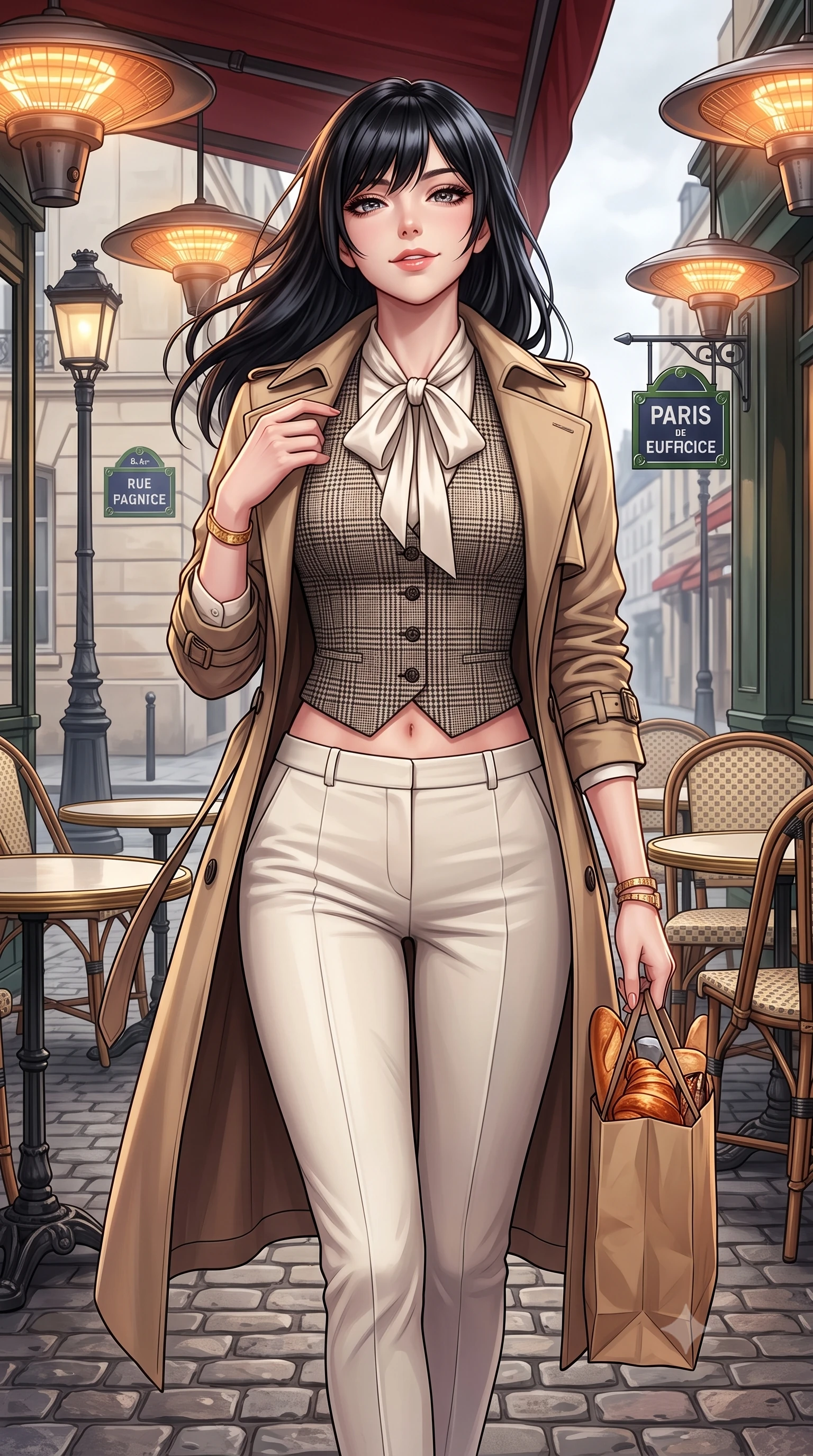 score_9, masterpiece, best quality, ultra-detailed, high-budget anime keyframe, semi-realistic 3D game render, editorial fashion photography, tasteful artistic composition, Caucasian woman. close-up cowboy shot from the waist and thighs up, the character dominates the composition, filling the frame with her large presence. tilting her chin up with a teasing half-smile, running one manicured hand lightly along her lapel with effortless magnetic allure while walking out onto the cobblestone terrace holding a warm croissant bag, her belted trench coat framing her tall 8.5-heads silhouette. The surrounding environment is rendered in vivid detail and crisp panoramic clarity: detailed silk pussy-bow blouse drape, tailored A-line wool skirt pleats, and authentic Parisian street furniture in high resolution. She has an exceptionally elegant, slender, and willowy female figure with an ultra-slim waist, flat toned midriff, narrow ribcage, and sculpted feminine hips creating an alluring, slim hourglass silhouette without bulk. sharp v-shaped jawline, high-bridge nose, intricate jewel-like sparkling eyes with depth, thick eyelashes, glossy parted lips with a natural peach sheen, bright cheerful beaming smile with an enchanting and coquettish sensual glint, exuding both youthful cute charm and seductive allure, flawlessly proportioned anatomical accuracy, strict slender model proportions, natural body alignment, perfectly sculpted long slender limbs, ultra-slim waistline, clean dynamic posture without body distortion. wearing a sleek Prince of Wales check tailored vest bodice hugging her torso, paired with matching ultra-high-rise cigarette trousers in gilded ivory pearl and rich obsidian, tailored from stretch wool crepe providing structured compression and razor-sharp bodycon lines, accented with delicate golden wrist cuffs reflecting warm chandelier light, the second-skin tailored fabric adhering flawlessly to her sculpted flat midriff and slender torso, emphasizing her long leg lines and perfectly proportioned willowy build. bathed in soft overcast Parisian natural daylight warmed by glowing overhead outdoor patio heaters. highly saturated vibrant anime colors, detailed shading with soft gradients, rich glossy textures, high-contrast stereoscopic depth, volumetric dynamic lighting, master piece, 9:16 ratio