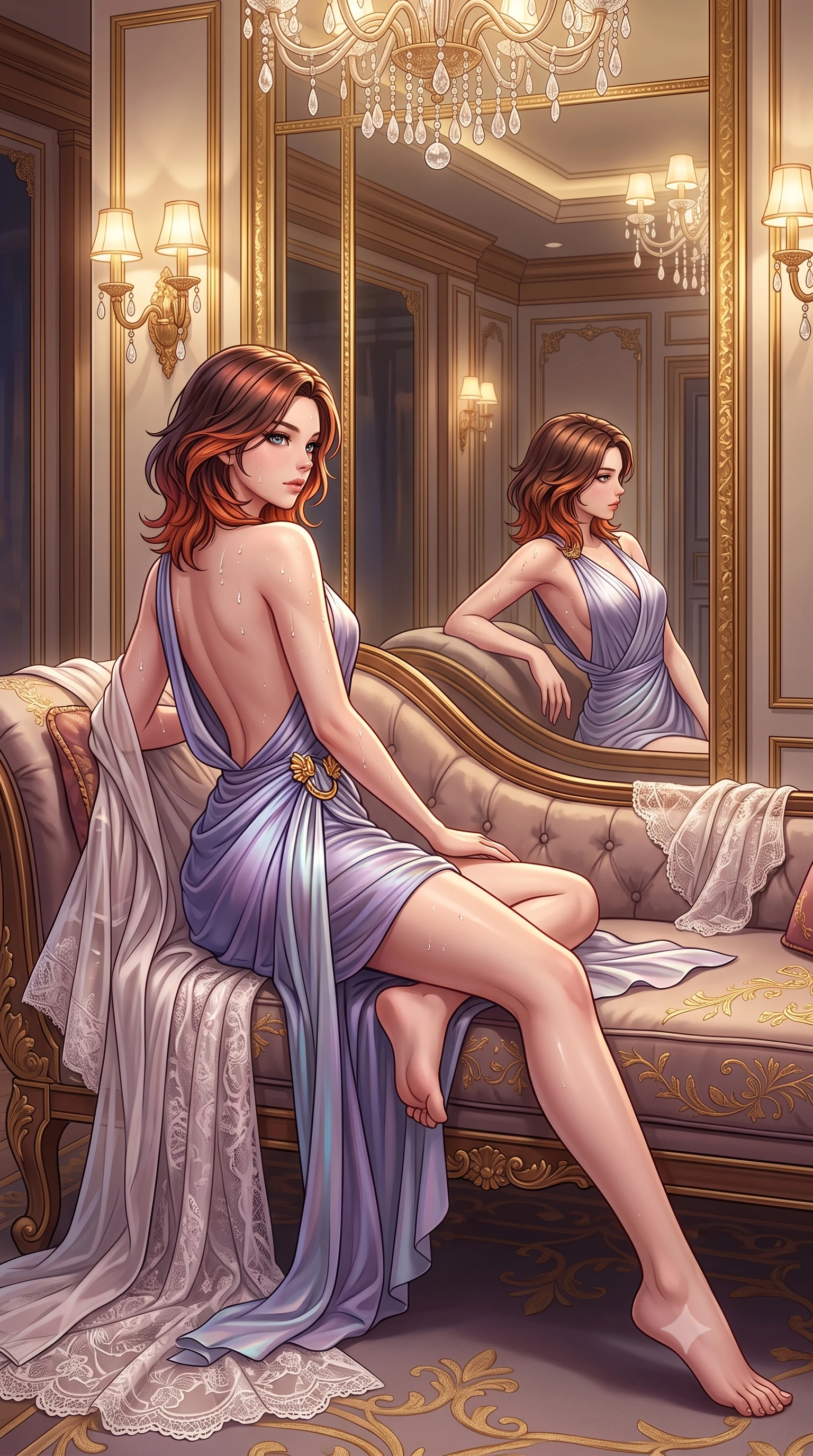 score_9, masterpiece, best quality, ultra-detailed, high-budget anime keyframe, semi-realistic 3D game render, editorial fashion photography, tasteful artistic composition, Korean woman. low angle full-body shot from head to toe showing her feet, filling the entire 9:16 vertical frame with her statuesque presence, stretching her vertical silhouette. reclining gracefully across the plush chaise lounge with one leg extended, her sculpted silhouette and flat midriff radiating magnetic nocturnal glamour while twisting her slender torso in an alluring contrapposto stance before the floor-to-ceiling gilded mirrors, admiring her hourglass silhouette. The surrounding environment is rendered in vivid detail and crisp panoramic clarity: detailed delicate French Chantilly lace teddy drape, sheer silk robe slipping off shoulders, and bespoke interior craft in razor-sharp precision. She has an absolutely perfect, statuesque 8.5-heads proportion, an exceptionally tall and slender model-like female figure with impossibly long slender legs, an ultra-slim waist, a flat toned midriff, narrow delicate ribcage, and beautifully sculpted feminine hips creating a graceful, slim hourglass silhouette without any bulky heaviness. sharp v-shaped jawline, high-bridge nose, sparkling eyes with hypnotic seductive depth, thick curled eyelashes, glossy parted lips with a natural dewy peach sheen, alluring bedroom-eyes with an enchanting coquettish smile, exuding magnetic siren charisma and sophisticated glamour, flawlessly proportioned anatomical accuracy, strict slender model proportions, natural body alignment, perfectly sculpted long slender limbs, ultra-slim waistline, clean dynamic posture without body distortion. wearing a draped Greek-goddess style silk chiffon mini toga dress with an open back and golden hip fibula in dusk lavender and iridescent silver, tailored from fine structural neoprene with crisp architectural edges and smooth contouring, finished with glistening drops of hot spring or lagoon water beading across her sculpted shoulders and collarbones, the liquid-tight tailored fabric clinging flawlessly to her narrow waist and rounded feminine hips, emphasizing every millimeter of her sculpted slim hourglass curves without any bulky heaviness. bathed in intimate warm 2700K vanity sconce lighting combined with overhead chandelier sparkle creating multi-angle highlights. highly saturated vibrant anime colors, detailed shading with soft gradients, rich glossy textures, high-contrast stereoscopic depth, volumetric dynamic lighting, master piece, 9:16 ratio