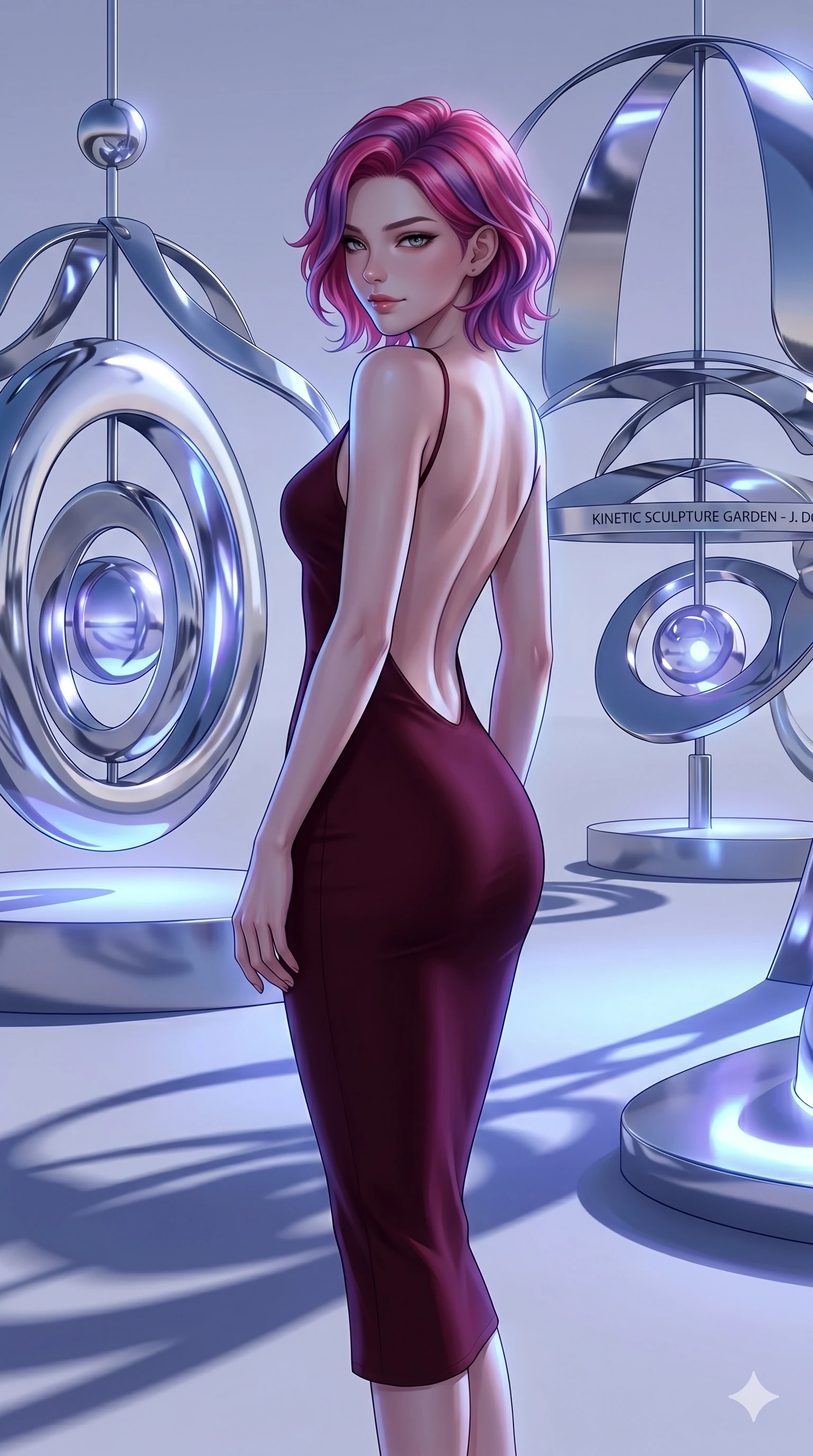 score_9, masterpiece, best quality, ultra-detailed, high-budget anime keyframe, editorial fashion photography, tasteful artistic composition, Caucasian woman, strictly human ears. cowboy shot from the thighs up, character and outfit filling the frame for maximum editorial presence. Glancing sidelong over her shoulder with a smoldering half-smile inside a kinetic sculpture garden of enormous chrome mobiles casting long sweeping shadows. She has an absolutely perfect 8-heads proportion, an exceptionally tall and slender female figure with impossibly long slender legs and an ultra-slim waist. V-shaped jawline, high-bridge nose, intricate jewel-like eyes with depth, thick eyelashes, glossy lips with a natural sheen. wearing a deep burgundy bodycon midi dress with a modest front neckline and a dramatically plunging open back held by a single elegant strap, the fitted fabric contouring every curve of her slender body. bathed in cool ethereal blue-violet bioluminescent glow that highlights her form from all sides. 2k, ultra detail, master piece, 9:16 ratio