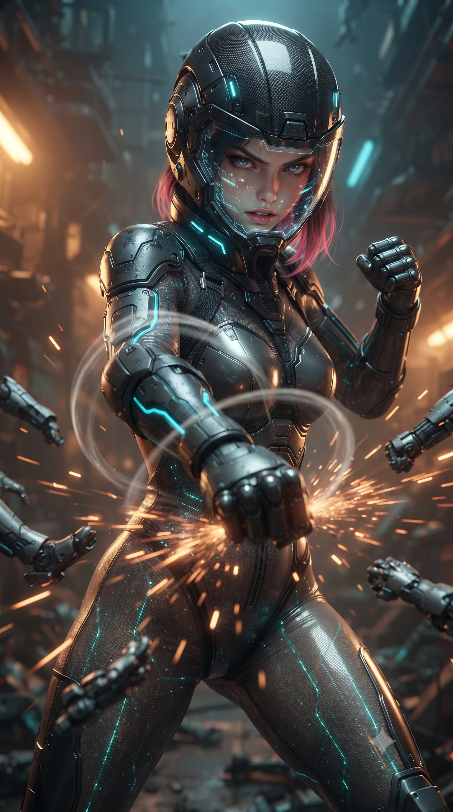 score_9, masterpiece, best quality, ultra-detailed, high-budget anime keyframe, editorial fashion photography, tasteful artistic composition, Korean woman. close-up cowboy shot from the waist and thighs up, the character dominates the composition, filling the frame with her large presence. thrusting a high-speed kinetic punch toward the camera, a visible conical shockwave distortion wrapping around her armored forearm while delivering a downward kinetic hammer fist that sends discarded mechanical limbs flying in a radial arc of sparks. The surrounding environment is rendered in vivid detail and crisp panoramic clarity. high-contrast industrial chiaroscuro and gritty cyberpunk scrapheap aesthetics captured with sharpness. She has an exceptionally elegant, slender, and willowy female figure with an ultra-slim waist, a gracefully sculpted slender torso, toned flat midriff, and a refined slim silhouette. sharp v-shaped jawline, high-bridge nose, intricate jewel-like eyes with depth, thick eyelashes, glossy lips with a natural sheen, fierce and resolute heroine expression, flawlessly proportioned anatomical accuracy, strict slender model proportions, natural body alignment, perfectly sculpted long slender limbs, ultra-slim waistline, clean dynamic posture without body distortion. wearing an open-face aerodynamic carbon-fiber combat helmet with a retracted transparent holographic HUD visor framing her sharp jawline and jewel-like eyes, paired with a tailored tactical combat jumpsuit with an open-back harness design, reinforced composite breastplate, and high-mobility elbow dampers in matte battle-worn obsidian carbon with electric cyan hazard conduits, crafted from semi-translucent cybernetic carbon-vinyl interwoven with glowing micro-filaments, featuring a sleek aerodynamic collar framed by subtle glowing cybernetic status LEDs, the liquid-tight tailored fabric emphasizing every curve of her tall, slender model proportions and sculptured silhouette during dynamic movement. bathed in atmospheric amber emergency lighting and pulsing cyan sonar crown glow. ultra-reflective glossy finish, specular highlights, dark metallic sheen, high-contrast stereoscopic depth, volumetric dynamic lighting, 2k, ultra detail, master piece, 9:16 ratio