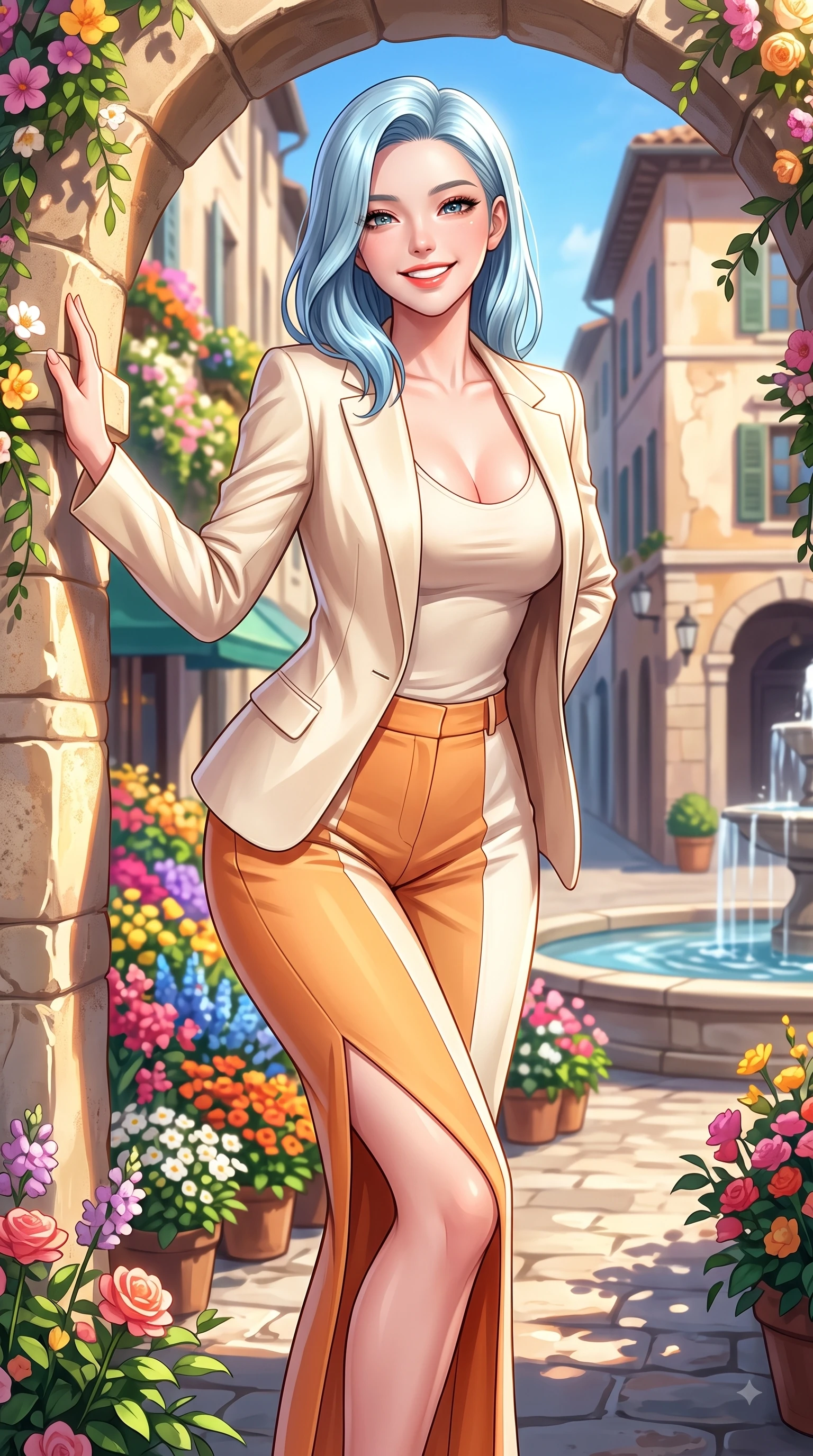 score_9, masterpiece, best quality, ultra-detailed, high-budget anime keyframe, editorial fashion photography, tasteful artistic composition, Korean woman. close-up cowboy shot from the waist and thighs up, the character dominates the composition, filling the frame with her large presence. Cheerful beaming smile with sparkling eyes and a fresh girlhood aura, leaning forward with playful grace while resting near a flower-draped stone archway with a radiant beaming smile. The surrounding environment is rendered in vivid detail and crisp panoramic clarity. vibrant flower displays, fountain water ripples, and crisp architectural shadows in high clarity. She has an exceptionally elegant, slender, and willowy female figure with an ultra-slim waist, a gracefully sculpted slender torso, and a refined silhouette. sharp v-shaped jawline, high-bridge nose, intricate jewel-like eyes with depth, thick eyelashes, glossy lips with a natural sheen, flawlessly proportioned anatomical accuracy, natural body alignment, perfectly sculpted elegant limbs, clean dynamic posture without body distortion. wearing a tailored cream silk blazer over a fitted scoop-neck camisole and slacks in warm apricot orange and cream white, knitted from soft cozy cashmere yarn, featuring a sleek side leg slit ascending to mid-thigh, the form-contouring material highlighting her ultra-slim waist and long lines. surrounded by a romantic, timeless, and scenic European street ambiance. highly saturated vibrant anime colors, detailed shading with soft gradients, rich glossy textures, high-contrast stereoscopic depth, volumetric dynamic lighting, master piece, 9:16 ratio