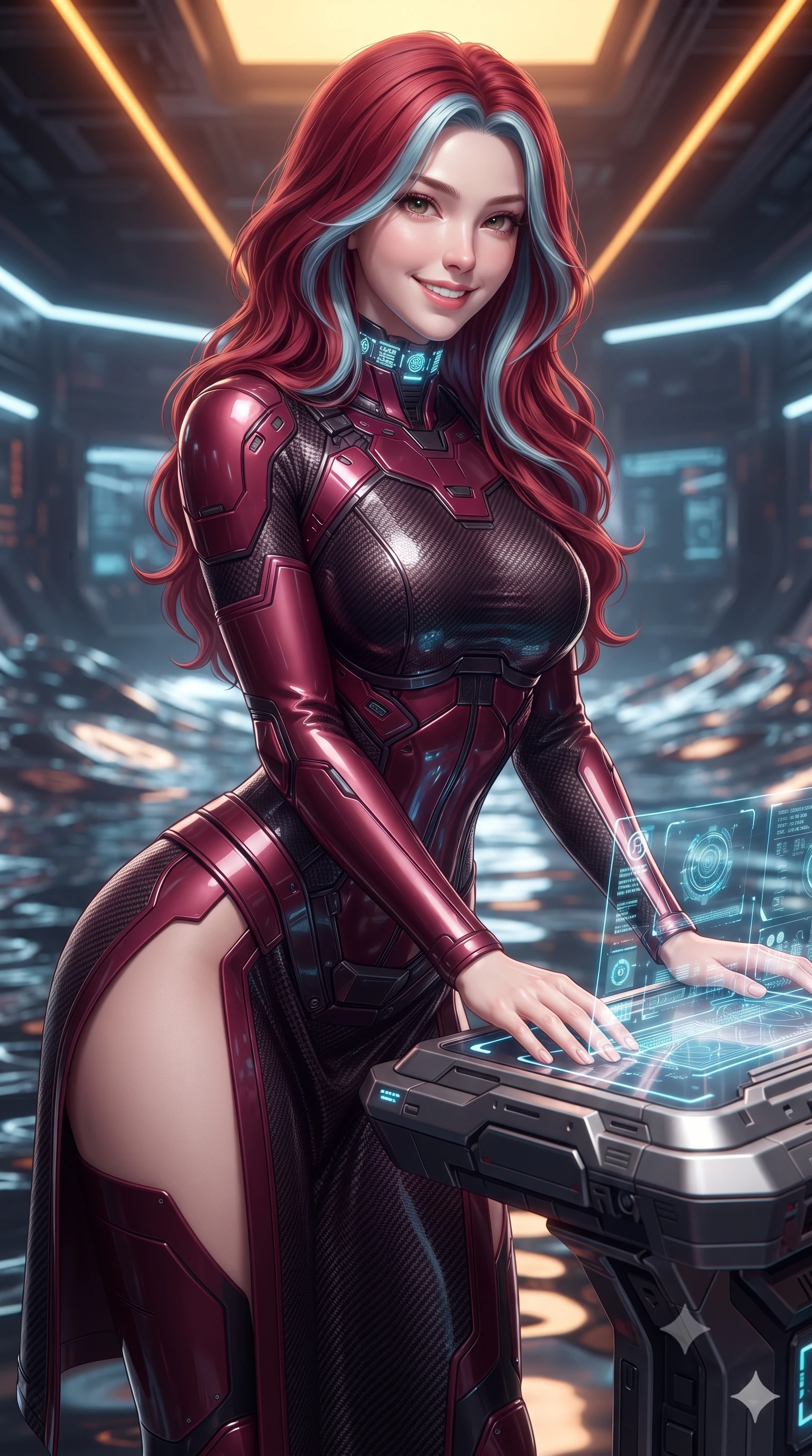 score_9, masterpiece, best quality, ultra-detailed, high-budget anime keyframe, editorial fashion photography, tasteful artistic composition, Caucasian woman. close-up cowboy shot from the waist and thighs up, the character dominates the composition, filling the frame with her large presence. resting both hands lightly on the holoscreen pedestal while leaning toward the lens with a teasing smirk, her tight combat suit hugging her narrow waist and feminine hip curve while twisting her slender torso in an alluring contrapposto stance, shifting liquid chrome waves reflecting her narrow waist and curvy hips. The surrounding environment is rendered in vivid detail and crisp panoramic clarity: sharp liquid metal surface tension ripples, brushed titanium tank edges, and circuit board trace clarity in deep focus. She has an exceptionally elegant, slender, and willowy female figure with an ultra-slim waist, flat toned midriff, narrow ribcage, and sculpted feminine hips creating an alluring, slim hourglass silhouette without bulk. sharp v-shaped jawline, high-bridge nose, intricate jewel-like sparkling eyes with depth, thick eyelashes, glossy parted lips with a natural sheen, bright confident smile with an enchanting and coquettish sensual glint, exuding both youthful magnetic charm and sovereign high-tech allure, flawlessly proportioned anatomical accuracy, strict slender model proportions, natural body alignment, perfectly sculpted long slender limbs, ultra-slim waistline, clean dynamic posture without body distortion. wearing a cyber-samurai tactical suit featuring a shortened carbon chestplate and high-slit armored wrap skirt in deep wine crimson and dark carbon weave, made of smooth liquid latex with high-contrast stereoscopic depth and wet shine, complemented by a high-tech holographic choker projecting miniature glyphs, the liquid-tight tailored fabric clinging flawlessly to her narrow waist and rounded feminine hips, emphasizing every millimeter of her sculpted slim hourglass curves without any bulky heaviness. illuminated by overhead amber laser guides and sharp chrome rim lights sculpting her razor-sharp jawline, narrow waist, and curvy hips. ultra-reflective glossy finish, specular highlights, rich textural contrasts, high-contrast stereoscopic depth, volumetric dynamic lighting, 2k, ultra detail, master piece, 9:16 ratio