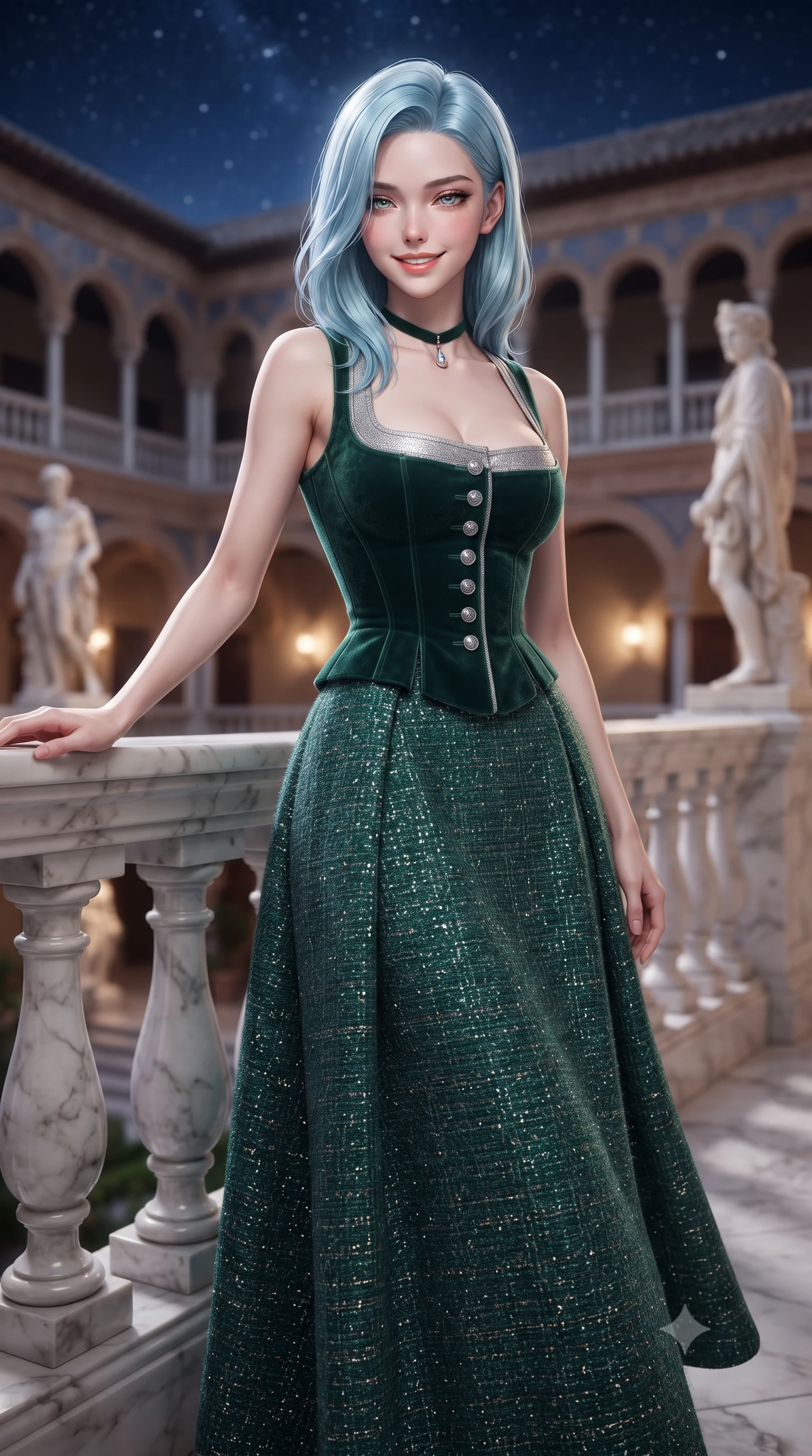 score_9, masterpiece, best quality, ultra-detailed, high-budget anime keyframe, editorial fashion photography, tasteful artistic composition, Korean woman. close-up cowboy shot from the waist and thighs up, the character dominates the composition, filling the frame with her large presence. leaning back against the balustrade with relaxed seductive grace, head tilted back slightly while casting a hypnotic, heavy-lidded gaze while walking slowly across the polished marble flags with tall model strides, evening breezes molding her outfit to her hourglass curves. The background shows a soft-focus double-tiered Mudéjar plasterwork arcades, classical marble statues of Roman gods, and starry Andalusian sky blurred into cobalt, copper, and ivory bokeh. She has an exceptionally elegant, slender, and willowy female figure with an ultra-slim waist, flat toned midriff, narrow ribcage, and sculpted feminine hips creating an alluring, slim hourglass silhouette without bulk. sharp v-shaped jawline, high-bridge nose, intricate jewel-like sparkling eyes with depth, thick eyelashes, glossy parted lips with a natural peach sheen, bright cheerful beaming smile with an enchanting and coquettish sensual glint, exuding both youthful cute charm and seductive allure, flawlessly proportioned anatomical accuracy, strict slender model proportions, natural body alignment, perfectly sculpted long slender limbs, ultra-slim waistline, clean dynamic posture without body distortion. wearing a regal Bavarian Alpine velvet dirndl-inspired tailored evening gown with delicate silver heraldic buttons in Art Nouveau malachite green and antique starlight silver, woven from structured British tweed with subtle metallic flecks, finished with a thin velvet ribbon choker and a single teardrop diamond pendant, the impeccably tailored cut draping gracefully along her slender figure with aristocratic poise. bathed in the soft ambient 2700K incandescent glow of courtyard wall lanterns and marble uplights. ultra-reflective glossy finish, specular highlights, rich textural contrasts, high-contrast stereoscopic depth, volumetric dynamic lighting, 2k, ultra detail, master piece, 9:16 ratio