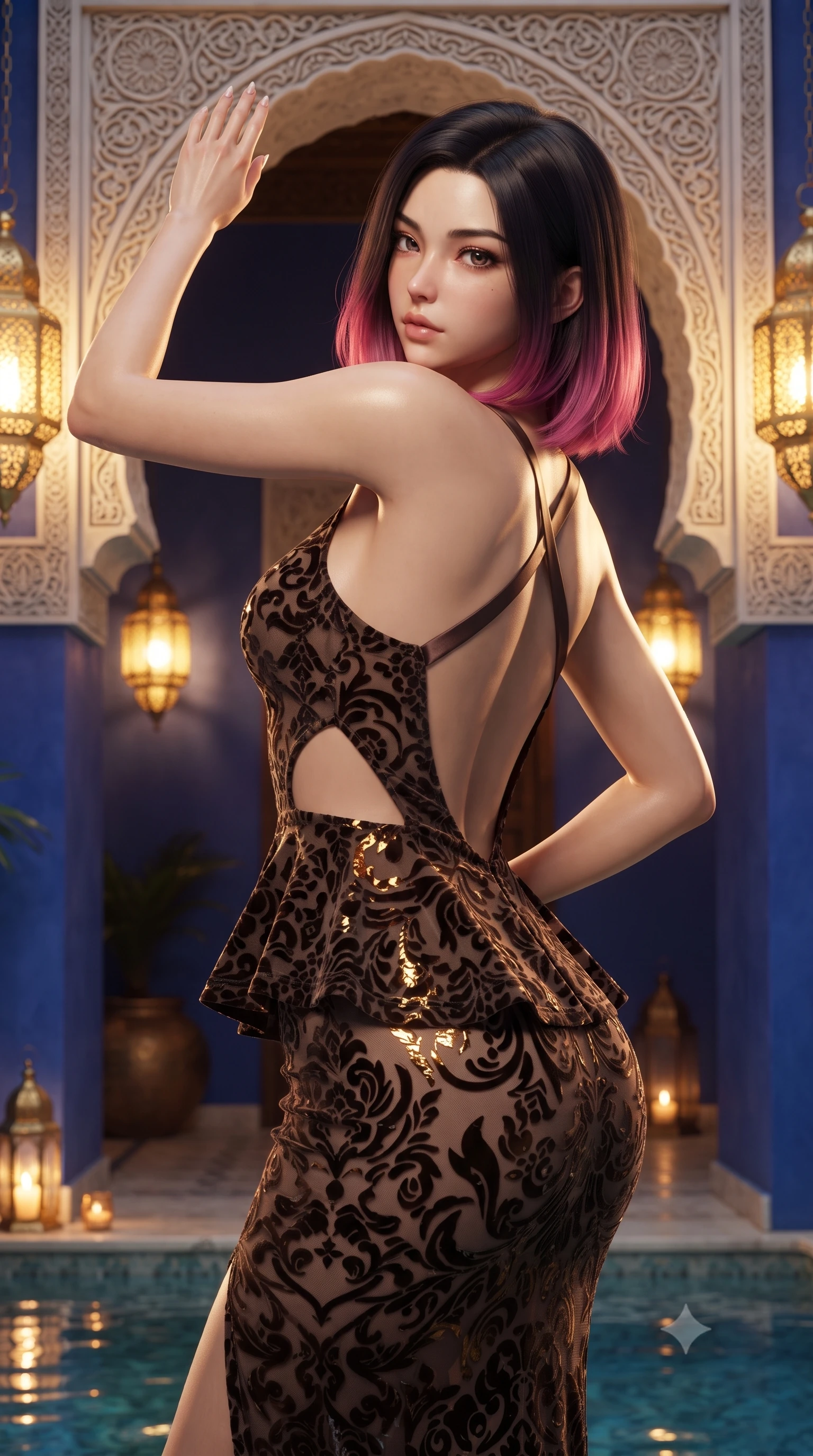 score_9, masterpiece, best quality, ultra-detailed, high-budget anime keyframe, editorial fashion photography, tasteful artistic composition, Korean woman. close-up cowboy shot from the waist and thighs up, the character dominates the composition, filling the frame with her large presence. arching her spine backward with effortless dancer poise, one hand sliding along her hip line as directional light carves specular highlights along her silhouette while leaning against an ornate horseshoe archway carved with delicate stucco lace, looking back over her bare shoulder with sun-dazed bedroom-eyes. The surrounding environment is rendered in vivid detail and crisp panoramic clarity. detailed brass lantern filigree, silk fabric sheen, and pool water surface tension in high clarity. She has an exceptionally elegant, slender, and willowy female figure with an ultra-slim waist, flat toned midriff, narrow ribcage, and sculpted feminine hips creating an alluring, slim hourglass silhouette without bulk. sharp v-shaped jawline, high-bridge nose, intricate jewel-like eyes with depth, thick eyelashes, glossy parted lips with a natural sheen, intensely captivating and seductive bedroom-eyes expression, flawlessly proportioned anatomical accuracy, strict slender model proportions, natural body alignment, perfectly sculpted long slender limbs, ultra-slim waistline, clean dynamic posture without body distortion. wearing a modern peplum corset dress with side-waist diamond cutouts and an ultra-tight silhouette in dark espresso brown and molten gold foil, made of sheer contouring power-mesh with velvet flocking patterns, finished with criss-cross back satin straps highlighting her graceful shoulder blades, the dramatically scooped open back descending to the base of her spine, accentuating her razor-sharp statuesque lines and slim hourglass silhouette. bathed in vibrant Majorelle blue wall ambient bounce and warm golden brass lantern downlights. ultra-reflective glossy finish, specular highlights, rich textural contrasts, high-contrast stereoscopic depth, volumetric dynamic lighting, 2k, ultra detail, master piece, 9:16 ratio
