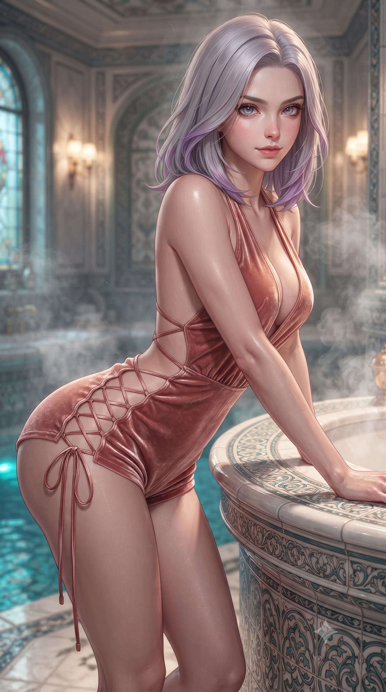 score_9, masterpiece, best quality, ultra-detailed, high-budget anime keyframe, editorial fashion photography, tasteful artistic composition, Caucasian woman. close-up cowboy shot from the waist and thighs up, the character dominates the composition, filling the frame with her large presence. leaning forward while arching her lower back to accentuate her curvy hips, looking into the camera with an intoxicating smoldering gaze and bedroom-eyes while leaning against the curving ceramic-tiled vanity with hips cocked back, looking through rising mineral steam with intoxicating bedroom-eyes. The surrounding environment is rendered in vivid detail and crisp panoramic clarity: detailed garment folds, intricate lace or tailored seams, and master Viennese tilework in razor-sharp precision. She has an exceptionally elegant, slender, and willowy female figure with an ultra-slim waist, flat toned midriff, narrow ribcage, and sculpted feminine hips creating an alluring, slim hourglass silhouette without bulk. sharp v-shaped jawline, high-bridge nose, intricate jewel-like sparkling eyes with depth, thick eyelashes, glossy parted lips with a natural peach sheen, bright cheerful beaming smile with an enchanting and coquettish sensual glint, exuding both youthful cute charm and seductive allure, flawlessly proportioned anatomical accuracy, strict slender model proportions, natural body alignment, perfectly sculpted long slender limbs, ultra-slim waistline, clean dynamic posture without body distortion. wearing a daring low-cut halterneck romper with exposed midriff and strappy hip cutouts in Grasse centifolia rose petal blush and burnished copper, tailored from ultra-plush silk velvet with rich tactile depth and deep shadow gradients, featuring fine criss-cross lace-up side ties revealing tantalizing glimpses of her hip curve, the bespoke structured tailoring following the natural line of her 8.5-heads silhouette with refined elegance. bathed in underwater pool turquoise LEDs combined with warm 2500K sconce glows and moonbeams through stained glass. ultra-reflective glossy finish, specular highlights, rich textural contrasts, high-contrast stereoscopic depth, volumetric dynamic lighting, 2k, ultra detail, master piece, 9:16 ratio