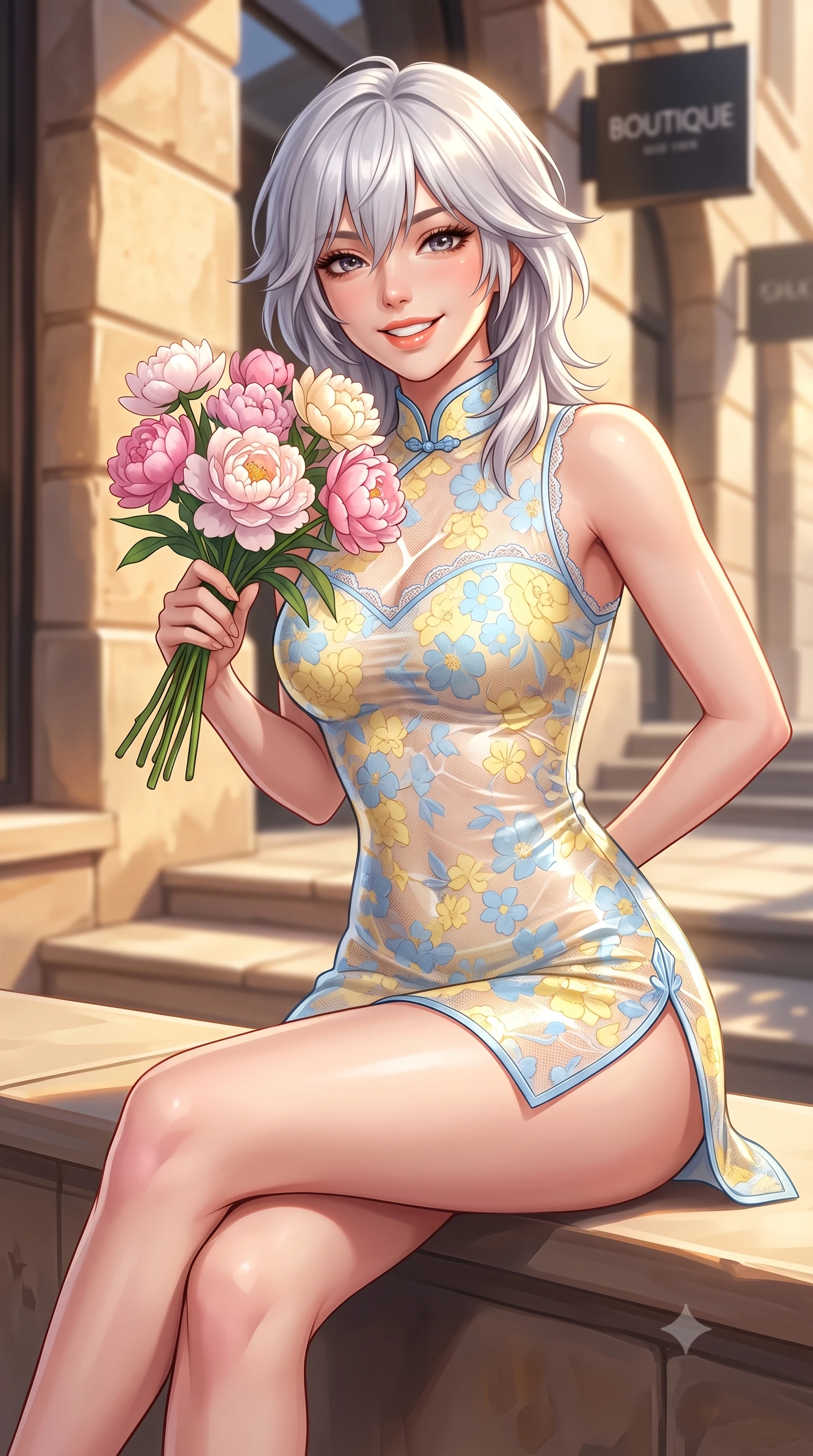 score_9, masterpiece, best quality, ultra-detailed, high-budget anime keyframe, semi-realistic 3D game render, editorial fashion photography, tasteful artistic composition, Japanese woman. close-up cowboy shot from the waist and thighs up, the character dominates the composition, filling the frame with her large presence. resting both hands lightly behind her back while leaning toward the lens with a cheerful, teasing grin, her form-fitting outfit hugging her narrow waist and feminine hip curve while sitting perched on the boutique terrace ledge with legs crossed, holding a bouquet of fresh peonies with a radiant, coquettish expression. The composition keeps background elements in soft focus with dreamy creamy bokeh. sun-dappled stone steps and modern boutique signage softened in stylish urban shallow focus. She has an exceptionally elegant, slender, and willowy female figure with an ultra-slim waist, flat toned midriff, narrow ribcage, and sculpted feminine hips creating an alluring, slim hourglass silhouette without bulk. sharp v-shaped jawline, high-bridge nose, intricate jewel-like sparkling eyes with depth, thick eyelashes, glossy parted lips with a natural peach sheen, bright cheerful beaming smile with an enchanting and coquettish sensual glint, exuding both youthful cute charm and seductive allure, flawlessly proportioned anatomical accuracy, strict slender model proportions, natural body alignment, perfectly sculpted long slender limbs, ultra-slim waistline, clean dynamic posture without body distortion. wearing a modern cute qipao mini dress with double side slits ascending to the hip in pastel floral silk in sunny daffodil yellow and clear sky blue, made of sheer contouring stretch lace with delicate floral patterns, finished with delicate lace scallop edging along the neckline, the form-contouring cut accentuating her sculpted flat midriff, narrow delicate ribcage, and gracefully curvy hips with supermodel precision. bathed in glorious golden hour afternoon sunlight reflecting off warm stone facades. highly saturated vibrant anime colors, detailed shading with soft gradients, rich glossy textures, high-contrast stereoscopic depth, volumetric dynamic lighting, master piece, 9:16 ratio