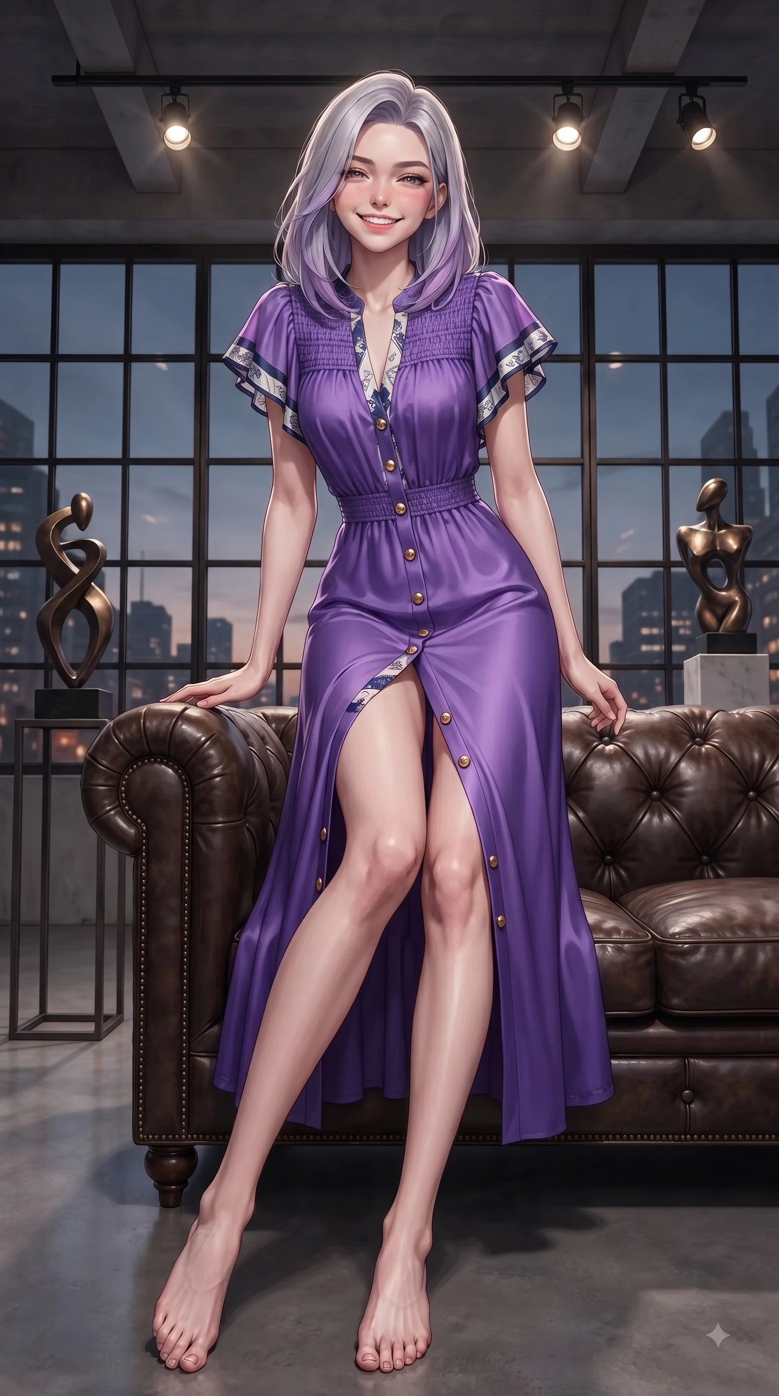 score_9, masterpiece, best quality, ultra-detailed, high-budget anime keyframe, editorial fashion photography, tasteful artistic composition, Caucasian woman. low angle full-body shot from head to toe showing her feet, filling the entire 9:16 vertical frame with her statuesque presence, stretching her vertical silhouette. Playful cute grin with eyes crinkling in pure girlhood delight, leaning forward with adorable energy while resting on a leather vintage sofa flanked by modern bronze sculptures. The surrounding environment is rendered in vivid detail and crisp panoramic clarity. sleek designer sculptures, industrial window frames, and crisp spotlight reflections in deep focus. She has an absolutely perfect, statuesque 8.5-heads proportion, an exceptionally tall and slender model-like female figure with impossibly long slender legs and an ultra-slim waist. sharp v-shaped jawline, high-bridge nose, intricate jewel-like eyes with depth, thick eyelashes, glossy lips with a natural sheen, flawlessly proportioned anatomical accuracy, natural body alignment, perfectly sculpted elegant limbs, clean dynamic posture without body distortion. wearing a vivid violet chiffon gown with delicate smocked details and flutter sleeves in royal navy blue and pure ivory, crafted from smooth liquid silk satin, finished with gold metallic hardware buttons along the front, the sleek second-skin fit accentuating her magnetic presence. surrounded by a chic, intellectual, and artistic urban editorial atmosphere. ultra-reflective glossy finish, specular highlights, metallic sheen, high-contrast stereoscopic depth, volumetric dynamic lighting, 2k, ultra detail, master piece, 9:16 ratio