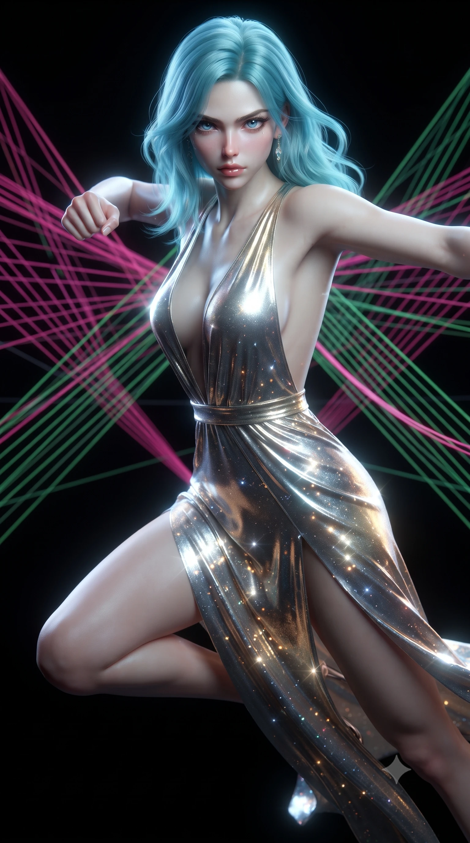score_9, masterpiece, best quality, ultra-detailed, high-budget anime keyframe, editorial fashion photography, tasteful artistic composition, realistic cosplay photography, Japanese woman. close-up cowboy shot from the waist and thighs up, the character dominates the composition, filling the frame with her large presence, background elements kept in soft focus. Leaping into the camera's view with an aggressive, mid-action strike pose. set against a soft-focus background of a pitch-black space where neon pink and green threads are stretched in geometric arrays, humming with energy. She has an exceptionally elegant and slender, willowy female figure with an ultra-slim waist, a gracefully sculpted slender torso, and a refined slim physique. sharp v-shaped jawline, high-bridge nose, intricate jewel-like eyes with depth, thick eyelashes, glossy lips with a natural sheen. wearing catching and diffusing the glowing particles, shimmering softly in response to the surrounding light, a slim-fit deep plunging-V neck maxi dress in a liquid silver and gold gradient, featuring a bold open-back and a daring high slit. soft aqua bioluminescent light making her skin luminously glow against darkness. ultra-reflective glossy finish, specular highlights, metallic sheen, high-contrast stereoscopic depth, volumetric dynamic lighting, 2k, ultra detail, master piece, 9:16 ratio