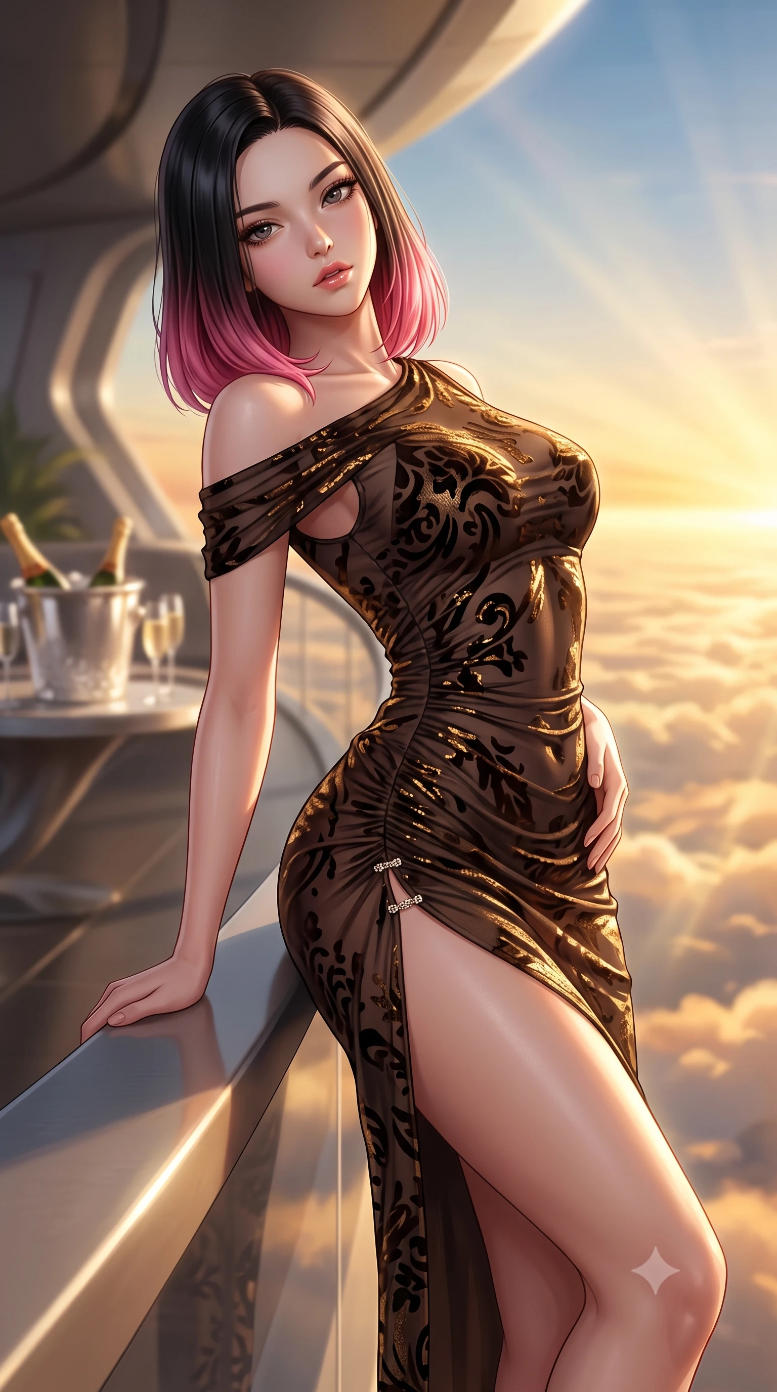 score_9, masterpiece, best quality, ultra-detailed, high-budget anime keyframe, semi-realistic 3D game render, editorial fashion photography, tasteful artistic composition, Korean woman. close-up cowboy shot from the waist and thighs up, the character dominates the composition, filling the frame with her large presence. arching her spine backward with effortless dancer poise, one hand sliding along her hip line as directional light carves specular highlights along her silhouette while perching on the cantilevered titanium terrace railing 10,000 meters above sea level, arching her lower back as golden sunset clouds stretch endlessly to the curved horizon. The composition keeps background elements in soft focus with creamy bokeh. aerodynamic penthouse bulkheads and crystal champagne buckets softened in ultra-luxury shallow focus. She has an exceptionally elegant, slender, and willowy female figure with an ultra-slim waist, flat toned midriff, narrow ribcage, and sculpted feminine hips creating an alluring, slim hourglass silhouette without bulk. sharp v-shaped jawline, high-bridge nose, intricate jewel-like eyes with depth, thick eyelashes, glossy parted lips with a natural sheen, intensely captivating and seductive bedroom-eyes expression, flawlessly proportioned anatomical accuracy, strict slender model proportions, natural body alignment, perfectly sculpted long slender limbs, ultra-slim waistline, clean dynamic posture without body distortion. wearing a form-contouring cocktail dress with an asymmetrical open shoulder and hip-defining ruching in dark espresso brown and molten gold foil, made of sheer contouring power-mesh with velvet flocking patterns, finished with an ultra-high side slit secured by miniature jeweled clasps, the form-contouring material adhering flawlessly to her sculpted flat midriff and slender torso, emphasizing her long leg lines and perfectly proportioned willowy build. bathed in glorious golden hour stratospheric sunbeams streaming unobstructed across the cloud deck. highly saturated vibrant anime colors, detailed shading with soft gradients, rich glossy textures, high-contrast stereoscopic depth, volumetric dynamic lighting, master piece, 9:16 ratio