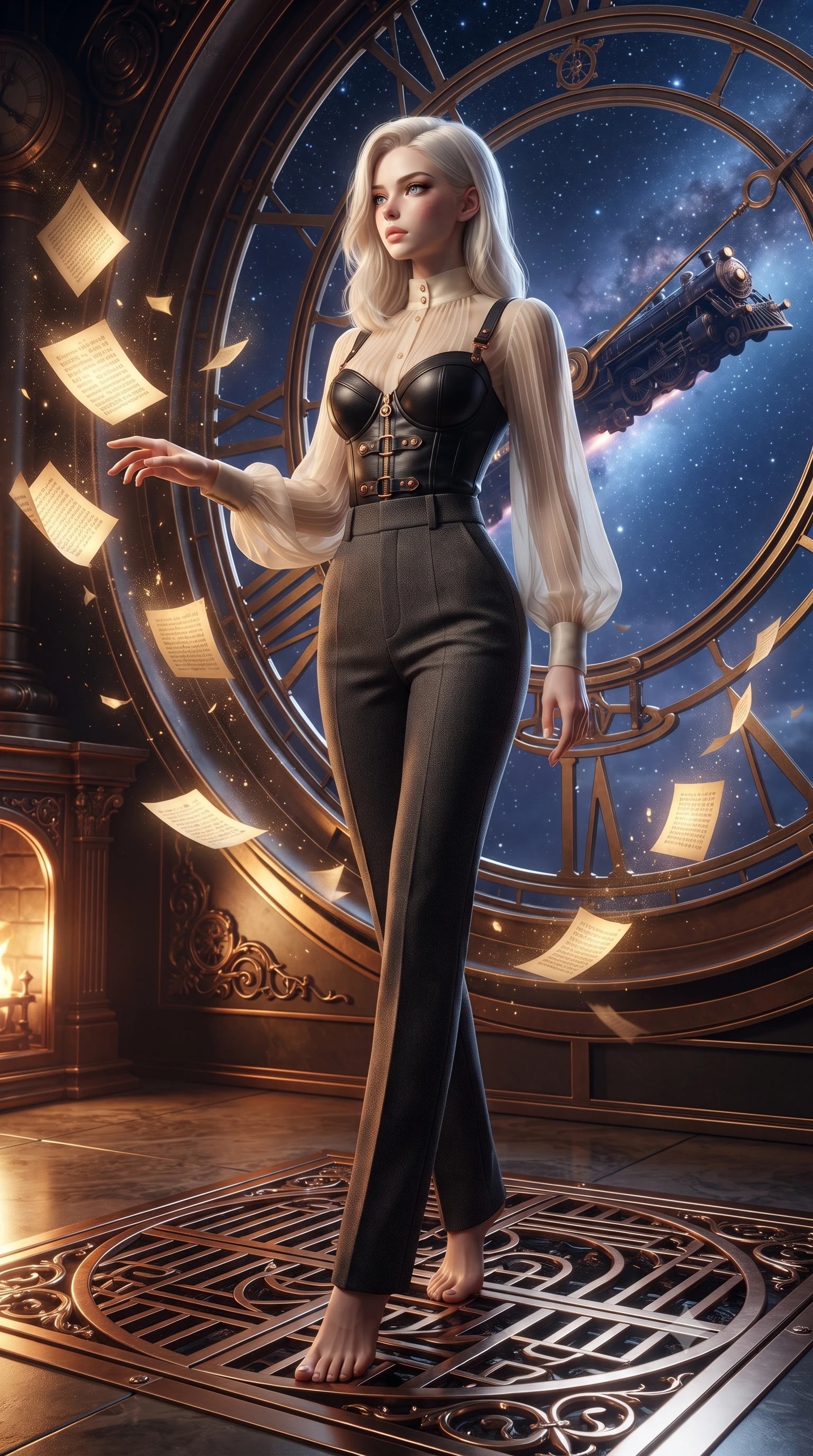 score_9, masterpiece, best quality, ultra-detailed, high-budget anime keyframe, editorial fashion photography, tasteful artistic composition, Caucasian woman. low angle full-body shot from head to toe showing her feet, filling the entire 9:16 vertical frame with her statuesque presence, stretching her vertical silhouette. interacting gracefully with the magical floating elements while maintaining a confident posture gazing out a massive circular clock window at a twilight galaxy express train, golden paper pages fluttering gently around her in a magical breeze. She has an absolutely perfect, statuesque 8.5-heads proportion, an exceptionally tall and slender model-like female figure with impossibly long slender legs and an ultra-slim waist. sharp v-shaped jawline, high-bridge nose, intricate jewel-like eyes with depth, thick eyelashes, glossy lips with a natural sheen. wearing a tailored leather bustier over a sheer silk chiffon blouse with tailored slacks, the tailored fabric tightly following every curve of her athletic build. surrounded by warm hearth light and dramatic bronze rim highlights. ultra-reflective glossy finish, specular highlights, metallic sheen, high-contrast stereoscopic depth, volumetric dynamic lighting, 2k, ultra detail, master piece, 9:16 ratio