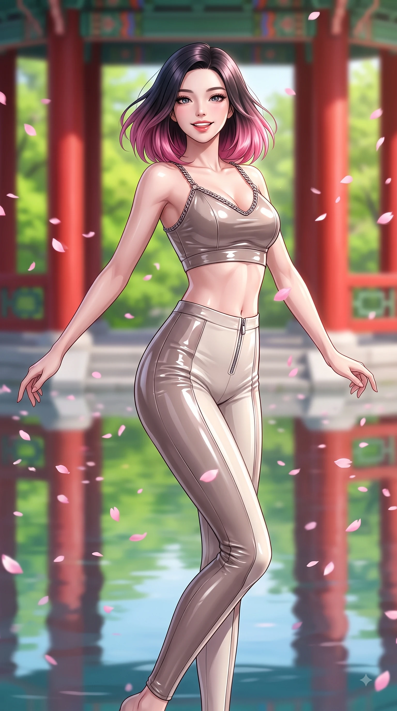 score_9, masterpiece, best quality, ultra-detailed, high-budget anime keyframe, editorial fashion photography, tasteful artistic composition, Korean woman. close-up cowboy shot from the waist and thighs up, the character dominates the composition, filling the frame with her large presence, background elements kept in soft focus. Cheerful beaming smile with parted lips, exuding pure enchanting charm while turning dynamically toward the camera while spinning in mid-air over a serene mirror lake as pink petals rain softly around her, red vermilion pavilion columns contrasting vividly with green spring foliage. She has an exceptionally elegant, slender, and willowy female figure with an ultra-slim waist, a gracefully sculpted slender torso, and a refined silhouette. sharp v-shaped jawline, high-bridge nose, intricate jewel-like eyes with depth, thick eyelashes, glossy lips with a natural sheen, flawlessly proportioned anatomical accuracy, natural body alignment, perfectly sculpted elegant limbs, clean dynamic posture without body distortion. wearing a glossy vinyl crop top and high-waist tailored leggings with sleek zippers in muted taupe and soft ivory, tailored from high-gloss patent leather, adorned with delicate metallic chain straps along the neckline, the form-contouring material highlighting her ultra-slim waist and long lines. surrounded by a serene, uplifting spring aura with cheerful highlights. ultra-reflective glossy finish, specular highlights, metallic sheen, high-contrast stereoscopic depth, volumetric dynamic lighting, 2k, ultra detail, master piece, 9:16 ratio