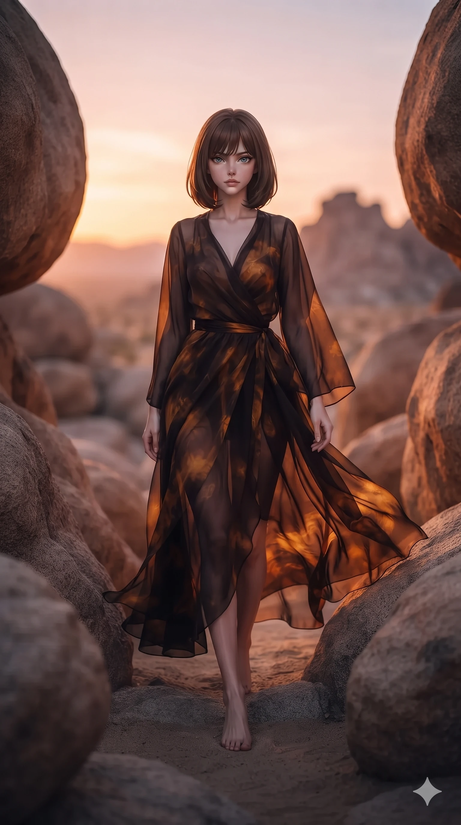score_9, masterpiece, best quality, ultra-detailed, high-budget anime keyframe, editorial fashion photography, tasteful artistic composition, Caucasian woman. low angle full-body shot from head to toe showing her feet, filling the entire 9:16 vertical frame with her statuesque presence, stretching her vertical silhouette. stepping slowly toward the camera with hypnotic grace, hips swaying in an alluring sensual rhythm that accentuates her curvy hourglass silhouette and long slender legs while twisting her slender torso in an alluring contrapposto stance between giant stone boulders, twilight speculars tracing her sculpted flat midriff and curvy hips. The background shows a soft-focus desert twilight boulder garden softened in Joshua tree shallow focus. She has an absolutely perfect, statuesque 8.5-heads proportion, an exceptionally tall and slender model-like female figure with impossibly long slender legs, an ultra-slim waist, a flat toned midriff, narrow delicate ribcage, and beautifully sculpted feminine hips creating a graceful, slim hourglass silhouette without any bulky heaviness. sharp v-shaped jawline, high-bridge nose, sparkling eyes with hypnotic seductive depth, thick curled eyelashes, glossy parted lips with a natural dewy peach sheen, alluring bedroom-eyes with an enchanting coquettish smile, exuding magnetic siren charisma and sophisticated glamour, flawlessly proportioned anatomical accuracy, strict slender model proportions, natural body alignment, perfectly sculpted long slender limbs, ultra-slim waistline, clean dynamic posture without body distortion. wearing a translucent silk georgette desert wrap dress slipping off bare shoulders with a hip-high slit and open cowl back in dark espresso leather and warm amber highlights, woven from fine semi-opaque stretch illusion mesh tracing every contour of her figure, finished with a delicate leather fringe trim fluttering along her hip line with kinetic charm, the precision-cut side openings and low-back scoop framing her graceful spine and the sensual sweep of her slim, toned hips. bathed in the ethereal 2600K twilight glow of the setting sun transitioning into pastel rose and violet sky reflections. ultra-reflective glossy finish, specular highlights, rich textural contrasts, high-contrast stereoscopic depth, volumetric dynamic lighting, 2k, ultra detail, master piece, 9:16 ratio