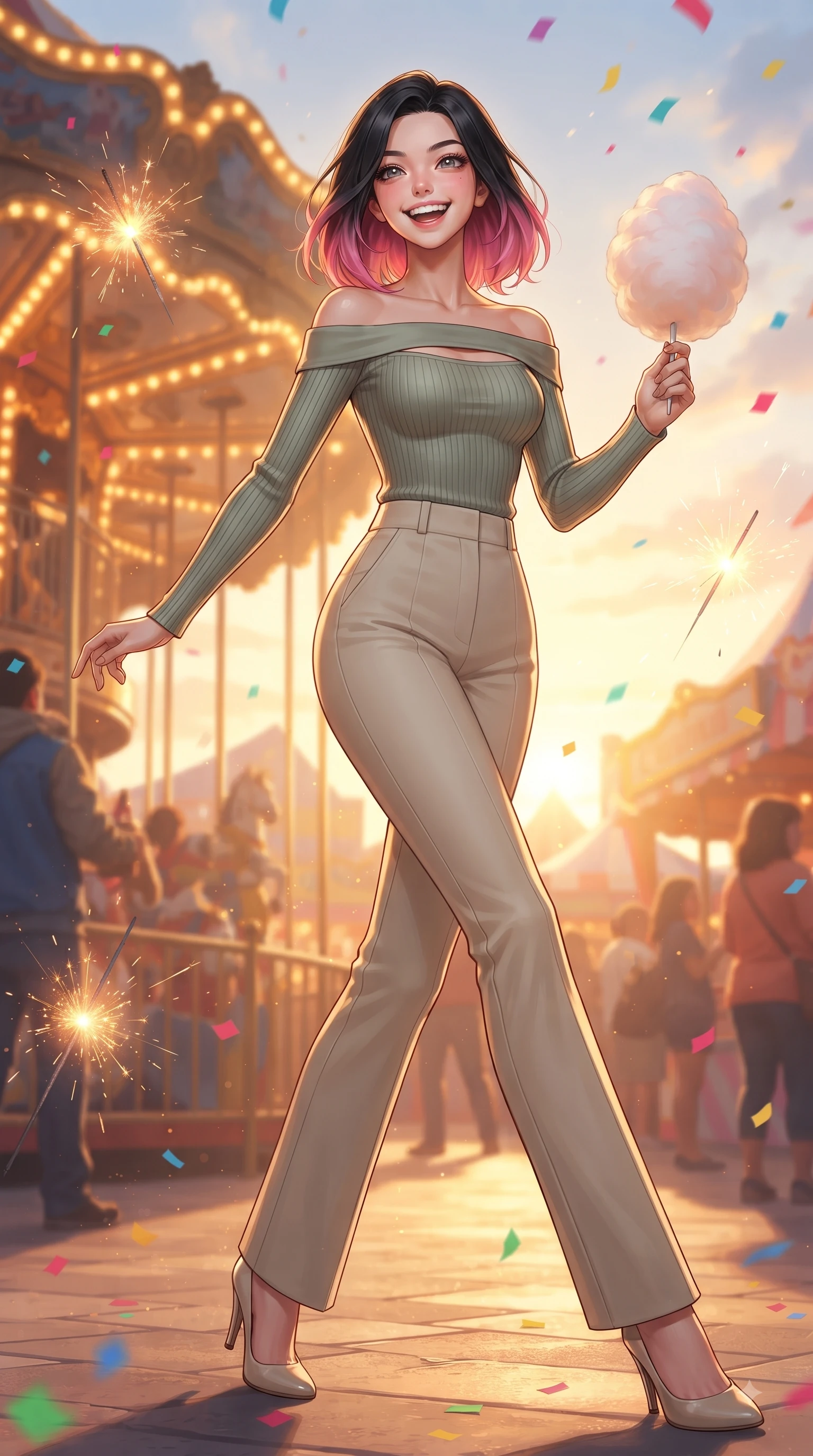 score_9, masterpiece, best quality, ultra-detailed, high-budget anime keyframe, editorial fashion photography, tasteful artistic composition, Korean woman. low angle full-body shot from head to toe showing her feet, filling the entire 9:16 vertical frame with her statuesque presence, stretching her vertical silhouette. forging dynamically through the scene with a happy infectious smile, her ultra-slim waist creating a sweeping curve while pivoting in a cheerful dynamic stride with a cotton candy orb in hand and beaming eyes, floating sparklers and carnival confetti adding festive, happy energy to the air. She has an absolutely perfect, statuesque 8.5-heads proportion, an exceptionally tall and slender model-like female figure with impossibly long slender legs and an ultra-slim waist. sharp v-shaped jawline, high-bridge nose, intricate jewel-like eyes with depth, thick eyelashes, glossy lips with a natural sheen, flawlessly proportioned anatomical accuracy, natural body alignment, perfectly sculpted elegant limbs, clean dynamic posture without body distortion. wearing a sleek off-shoulder ribbed knit top paired with high-waist tailored pants in sage green and oatmeal, formed from sleek second-skin neoprene, accented with a Tasteful chest slit framing her clavicle gracefully, the sleek second-skin texture accentuating her magnetic presence. bathed in glorious golden hour sunbeams and warm amber carousel lamp radiance. ultra-reflective glossy finish, specular highlights, metallic sheen, high-contrast stereoscopic depth, volumetric dynamic lighting, 2k, ultra detail, master piece, 9:16 ratio