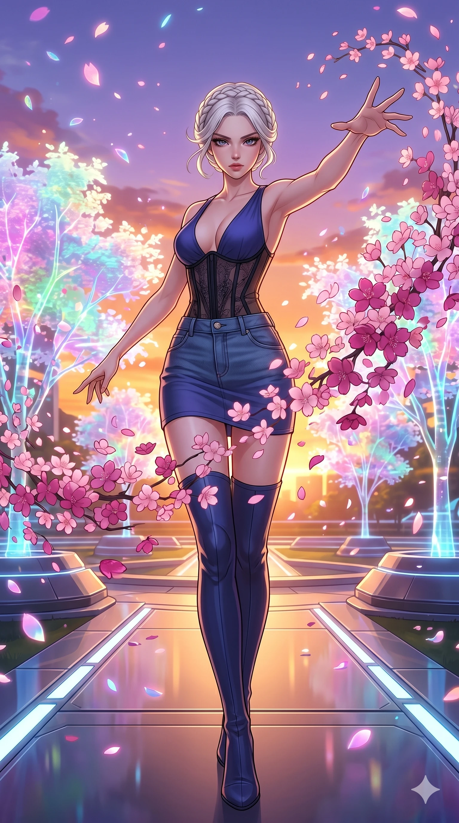 score_9, masterpiece, best quality, ultra-detailed, High-budget Anime Keyframe, beautiful Caucasian anime girl (strictly human ears). Low angle cowboy shot filling the entire 9:16 frame with her statuesque presence. Summoning a wave of pink cherry blossoms in a futuristic park at sunset. She has an absolutely perfect 8-heads proportion, an exceptionally tall and slender female figure with impossibly long slender legs and an ultra-slim waist. Sharp v-shaped jawline, high-bridge nose, intricate jewel-like eyes with depth, thick eyelashes, glossy lips with a natural sheen. Wearing an Urban Trendsetter outfit: deep-cut indigo bodycon dress with high-waist denim and sheer corset overlay. Background is a bright and colorful park with holographic trees and thousands of floating petals. 2k, ultra detail, master piece, 9:16 ratio