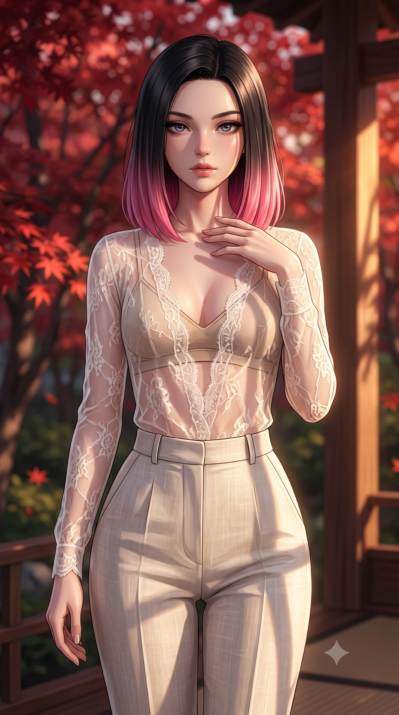 score_9, masterpiece, best quality, ultra-detailed, high-budget anime keyframe, editorial fashion photography, tasteful artistic composition, Korean woman. close-up cowboy shot from the waist and thighs up, the character dominates the composition, filling the frame with her large presence, background elements kept in soft focus. standing with one hand resting on her collarbone, looking at the viewer with bedroom-eyes the background shows a soft-focus a private garden tea deck surrounded by red maple trees at dusk. She has an exceptionally elegant, slender, and willowy female figure with an ultra-slim waist, a gracefully sculpted slender torso, and a refined silhouette. sharp v-shaped jawline, high-bridge nose, intricate jewel-like eyes with depth, thick eyelashes, glossy lips with a natural sheen. wearing a slim-fit sheer lace blouse in ivory white, worn over a simple beige bralette and high-waisted linen trousers. warm sunset light casting long, clean shadow lines from the garden's architecture. ultra-reflective glossy finish, specular highlights, metallic sheen, high-contrast stereoscopic depth, volumetric dynamic lighting, 2k, ultra detail, master piece, 9:16 ratio