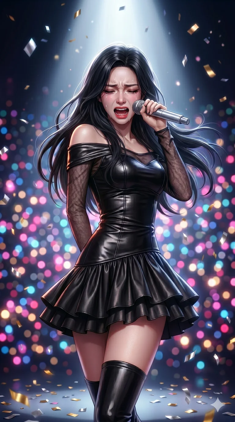 score_9, score_8_up, score_7_up, source_anime, masterpiece, best quality, ultra-detailed, same character with long flowing black hair, wearing the same outfit of black off-the-shoulder leather mini dress, upper body close-up from thigh up, holding a silver microphone and singing with an emotional expression, intense dramatic spotlight from above, bokeh lights in background, filling the screen, 2k, 9:16 ratio