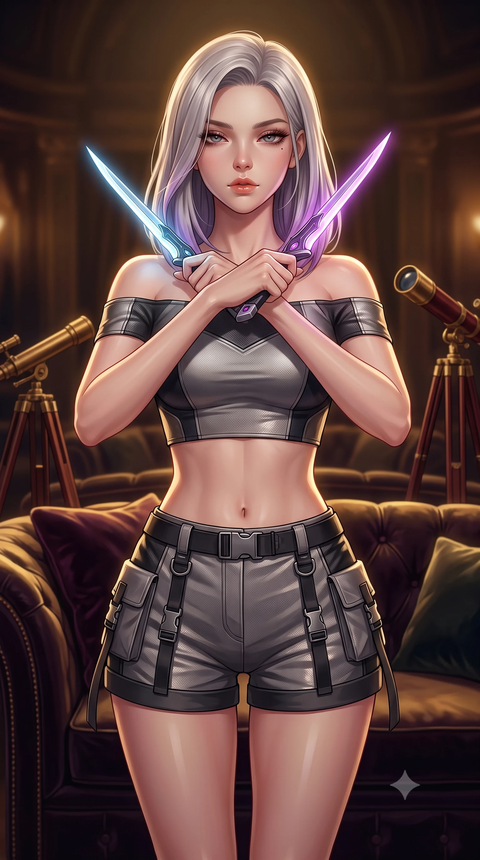 score_9, masterpiece, best quality, ultra-detailed, high-budget anime keyframe, editorial fashion photography, tasteful artistic composition, Caucasian woman. close-up cowboy shot from the waist and thighs up, the character dominates the composition, filling the frame with her large presence, background elements kept in soft focus. holding two energy daggers crossed in front of her elegant collarbone, casting a heavy-lidded, sultry look, the background shows a soft-focus a theater foyer lounge with dark velvet sofas and antique telescopes. She has an exceptionally elegant, slender, and willowy female figure with an ultra-slim waist, a gracefully sculpted slender torso, and a refined silhouette. sharp v-shaped jawline, high-bridge nose, intricate jewel-like eyes with depth, thick eyelashes, glossy lips with a natural sheen. wearing a tailored chic off-shoulder carbon-plate crop top, paired with high-waisted utility micro-shorts. low-contrast warm ambient glow creating a mysterious, cozy mood inside. highly saturated vibrant anime colors, detailed shading with soft gradients, rich glossy textures, high-contrast stereoscopic depth, volumetric dynamic lighting, master piece, 9:16 ratio