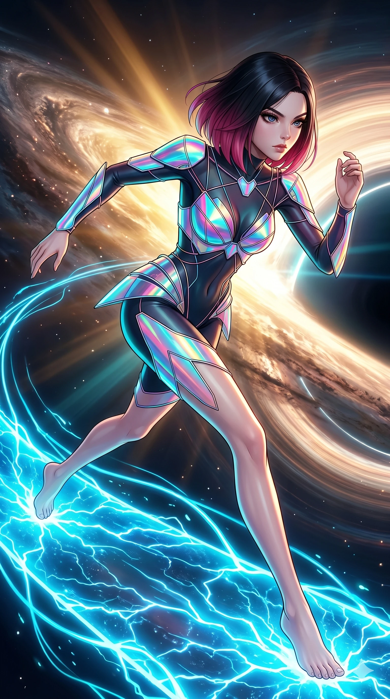 score_9, masterpiece, best quality, ultra-detailed, high-budget anime keyframe, editorial fashion photography, tasteful artistic composition, Korean woman. upper body close-up from the thighs up, character filling the screen for maximum presence. sprinting along on a floating platform of pure energy inside a black hole's accretion disk as neon blue fluid lines follow her path like light trails. She has an absolutely perfect 8-heads proportion, an exceptionally tall and slender female figure with impossibly long slender legs and an ultra-slim waist. V-shaped jawline, high-bridge nose, intricate jewel-like eyes with depth, thick eyelashes, glossy lips with a natural sheen.. wearing a holographic ribbon shell armor, featuring thin iridescent plates linked by wire straps over a sleek contouring base. showcasing a beautiful play of light and shadow, with warm golden rays clashing against cool cyan highlights. 2k, ultra detail, master piece, 9:16 ratio