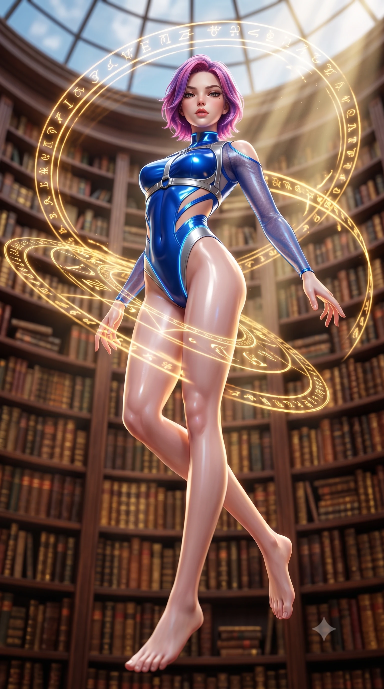 score_9, masterpiece, best quality, ultra-detailed, high-budget anime keyframe, semi-realistic 3D game render, editorial fashion photography, tasteful artistic composition, Caucasian woman. low angle full-body shot from head to toe showing her feet, filling the entire 9:16 vertical frame with her statuesque presence, stretching her vertical silhouette. leaping through mid-air with an athletic yet alluring arch of her spine, her impossibly long slender legs stretched in flawless poise while pivoting dynamically in a multi-story book rotunda as golden magical glyphs and sunbeams dance around her waist. The composition keeps background elements in soft focus with creamy bokeh. thousands of vintage leather and gold book spines blurred into rich mahogany and amber bokeh. She has an absolutely perfect, statuesque 8.5-heads proportion, an exceptionally tall and slender model-like female figure with impossibly long slender legs, a toned flat midriff, and an ultra-slim waist. sharp v-shaped jawline, high-bridge nose, intricate jewel-like eyes with depth, thick eyelashes, glossy lips with a natural sheen, flawlessly proportioned anatomical accuracy, strict slender model proportions, natural body alignment, perfectly sculpted long slender limbs, ultra-slim waistline, clean dynamic posture without body distortion. wearing an ultra-sleek high-cut tech-bodysuit featuring dangerous diagonal slitted cutouts on the midriff and shoulders, reinforced by a metallic silver harness and sheer mesh sleeves in liquid electric cobalt blue and polished silver, crafted from ultra-reflective second-skin latex with a high-gloss glass-like polish, accented with glowing fiber-optic seams tracing her collarbones and hip curves, the sleek second-skin cut tightly hugging her graceful clavicle, narrow waist, and feminine curves with athletic precision. surrounded by an intelligent, noble, and enchantingly seductive solar academy atmosphere. highly saturated vibrant anime colors, detailed shading with soft gradients, rich glossy textures, high-contrast stereoscopic depth, volumetric dynamic lighting, master piece, 9:16 ratio
