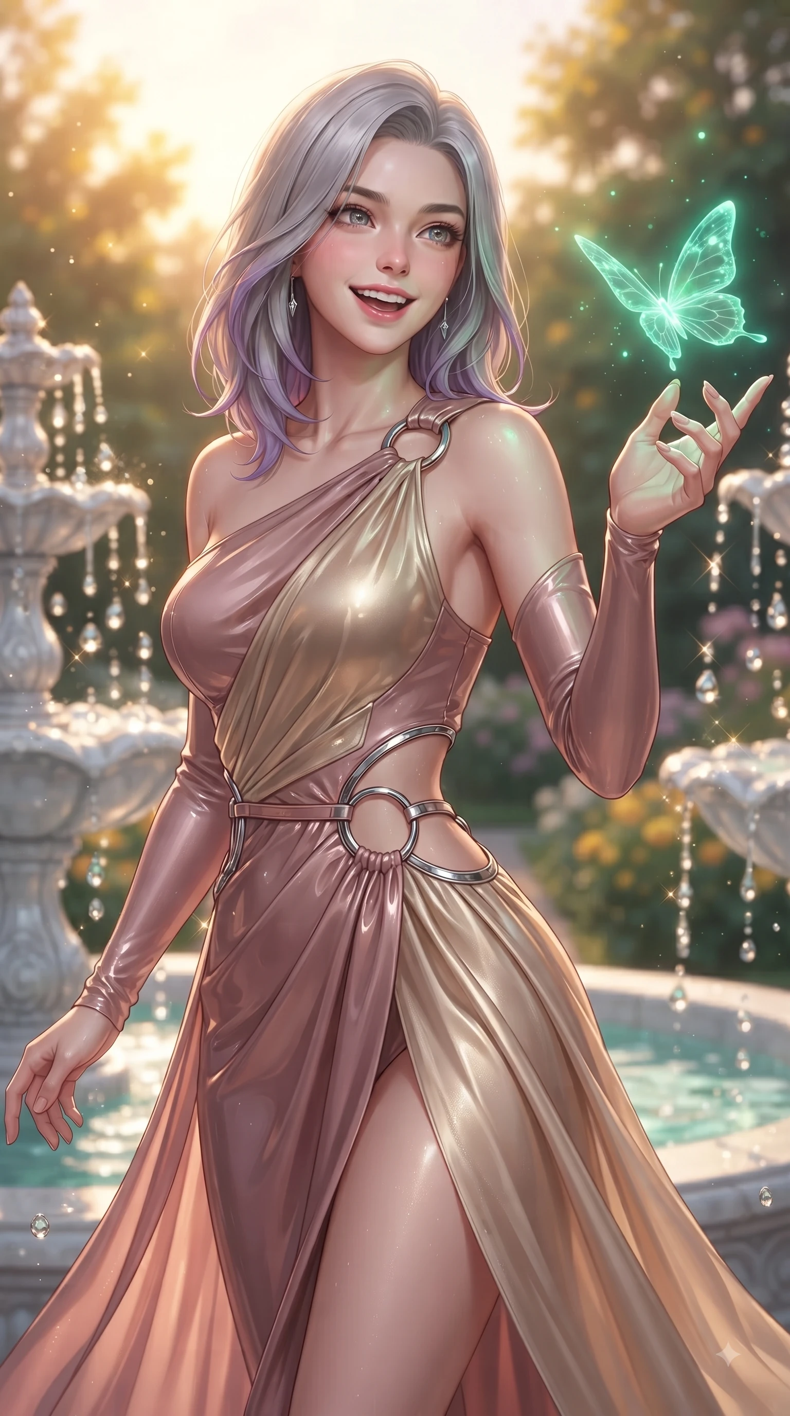 score_9, masterpiece, best quality, ultra-detailed, high-budget anime keyframe, editorial fashion photography, tasteful artistic composition, Caucasian woman. close-up cowboy shot from the waist and thighs up, the character dominates the composition, filling the frame with her large presence, background elements kept in soft focus. Cheerful beaming smile with parted lips, exuding pure enchanting charm while turning dynamically toward the camera while reaching one hand out with a joyful smile to intercept a hovering hologram butterfly, translucent water droplets cascading down platinum fountains with sparkling luster. She has an exceptionally elegant, slender, and willowy female figure with an ultra-slim waist, a gracefully sculpted slender torso, and a refined silhouette. sharp v-shaped jawline, high-bridge nose, intricate jewel-like eyes with depth, thick eyelashes, glossy lips with a natural sheen, flawlessly proportioned anatomical accuracy, natural body alignment, perfectly sculpted elegant limbs, clean dynamic posture without body distortion. wearing an asymmetrical Grecian draped chiffon gown with a metallic shoulder ring in dusty rose and champagne gold, tailored from high-gloss patent leather, accented with delicate chrome ring hardware framing her waist, the glove-like fit emphasizing her statuesque silhouette during motion. bathed in warm golden sunlight and bright emerald bioluminescent glow. ultra-reflective glossy finish, specular highlights, metallic sheen, high-contrast stereoscopic depth, volumetric dynamic lighting, 2k, ultra detail, master piece, 9:16 ratio