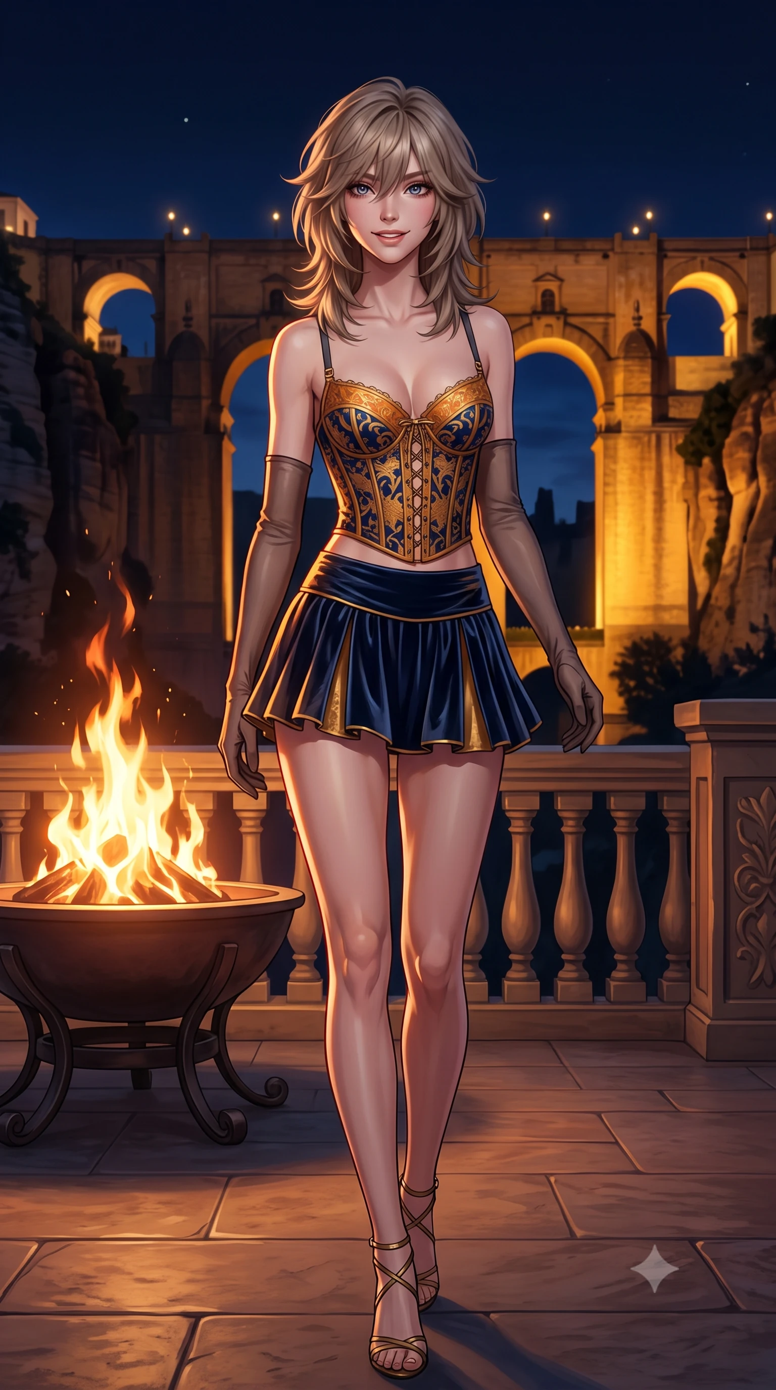 score_9, masterpiece, best quality, ultra-detailed, high-budget anime keyframe, semi-realistic 3D game render, editorial fashion photography, tasteful artistic composition, Japanese woman. low angle full-body shot from head to toe showing her feet, filling the entire 9:16 vertical frame with her statuesque presence, stretching her vertical silhouette. walking along the terrace with poise, looking back over her bare shoulder with an irresistible smoldering bedroom-gaze while twisting her slender torso in an alluring contrapposto stance beside the terrace fire bowl, golden flame ribbons tracing her narrow waist and hips. The surrounding environment is rendered in vivid detail and crisp panoramic clarity: detailed garment cut, bodycon fit, and breathtaking gorge engineering in high resolution. She has an exceptionally tall and slender model-like 8.5-heads proportion, an ultra-slim waist, a flat toned midriff, narrow delicate ribcage, and beautifully sculpted feminine hips creating a graceful, slim hourglass silhouette without any bulky heaviness, with impossibly long slender legs. sharp v-shaped jawline, high-bridge nose, intricate jewel-like sparkling eyes with depth, thick eyelashes, glossy parted lips with a natural peach sheen, bright cheerful beaming smile with an enchanting and coquettish sensual glint, exuding both youthful cute charm and seductive allure, flawlessly proportioned anatomical accuracy, strict slender model proportions, natural body alignment, perfectly sculpted long slender limbs, ultra-slim waistline, clean dynamic posture without body distortion. wearing a structured Seville boned lace-up bustier top paired with an ultra-short low-rise pleated micro mini skirt in Seville orange blossom gold and midnight moorish indigo, tailored from ultra-plush silk velvet with rich tactile depth and deep shadow gradients, complemented by sheer opera-length evening gloves tracing her slender arms, the bespoke structured tailoring following the natural line of her 8.5-heads silhouette with refined elegance. bathed in the contrast of warm 2100K terrace fire pit flames and golden architectural floodlights on the Puente Nuevo bridge. highly saturated vibrant anime colors, detailed shading with soft gradients, rich glossy textures, high-contrast stereoscopic depth, volumetric dynamic lighting, master piece, 9:16 ratio
